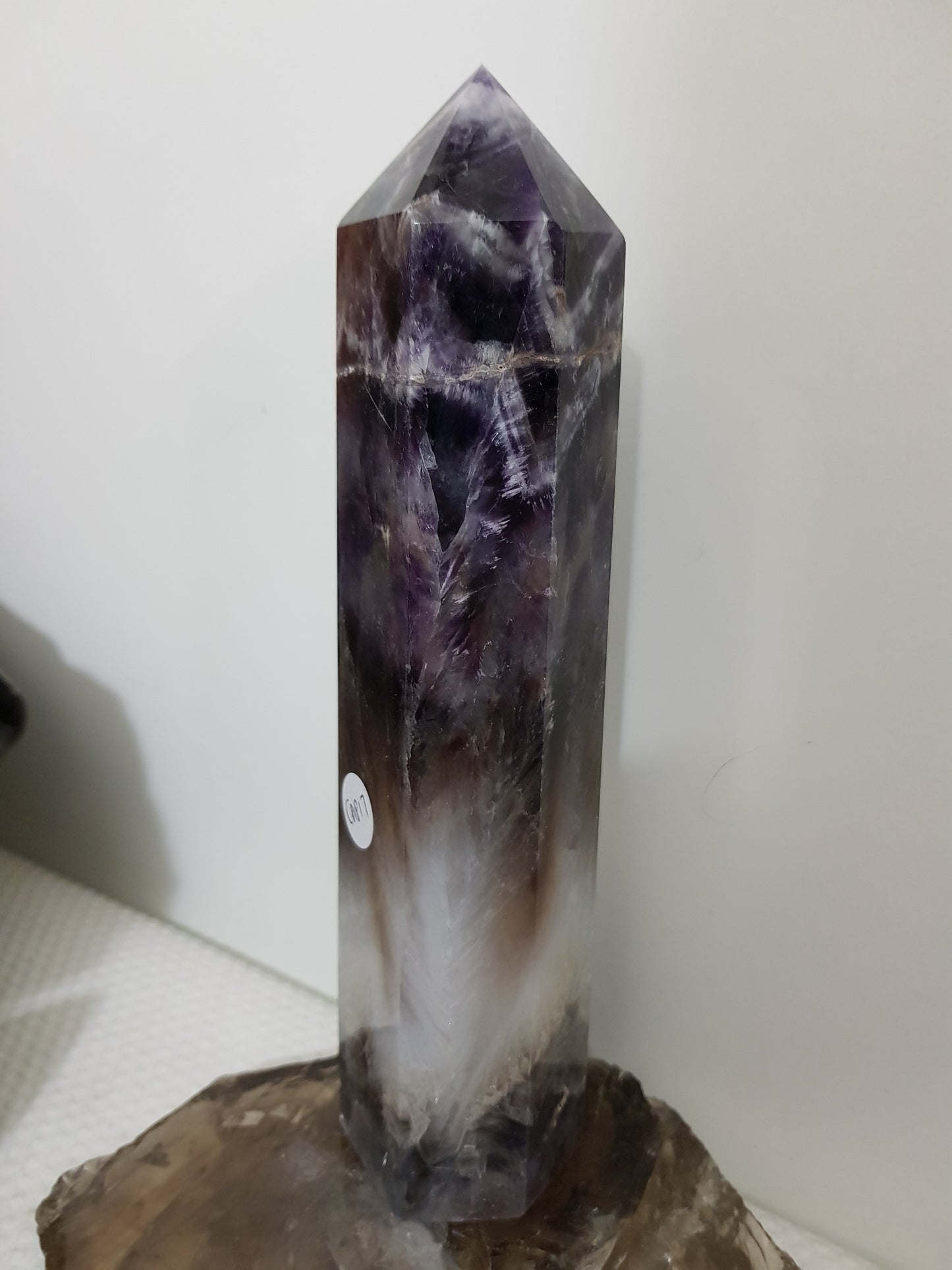Chevron amethyst crystal point tower polished Brazil deep purple chevron banding 20.5cm