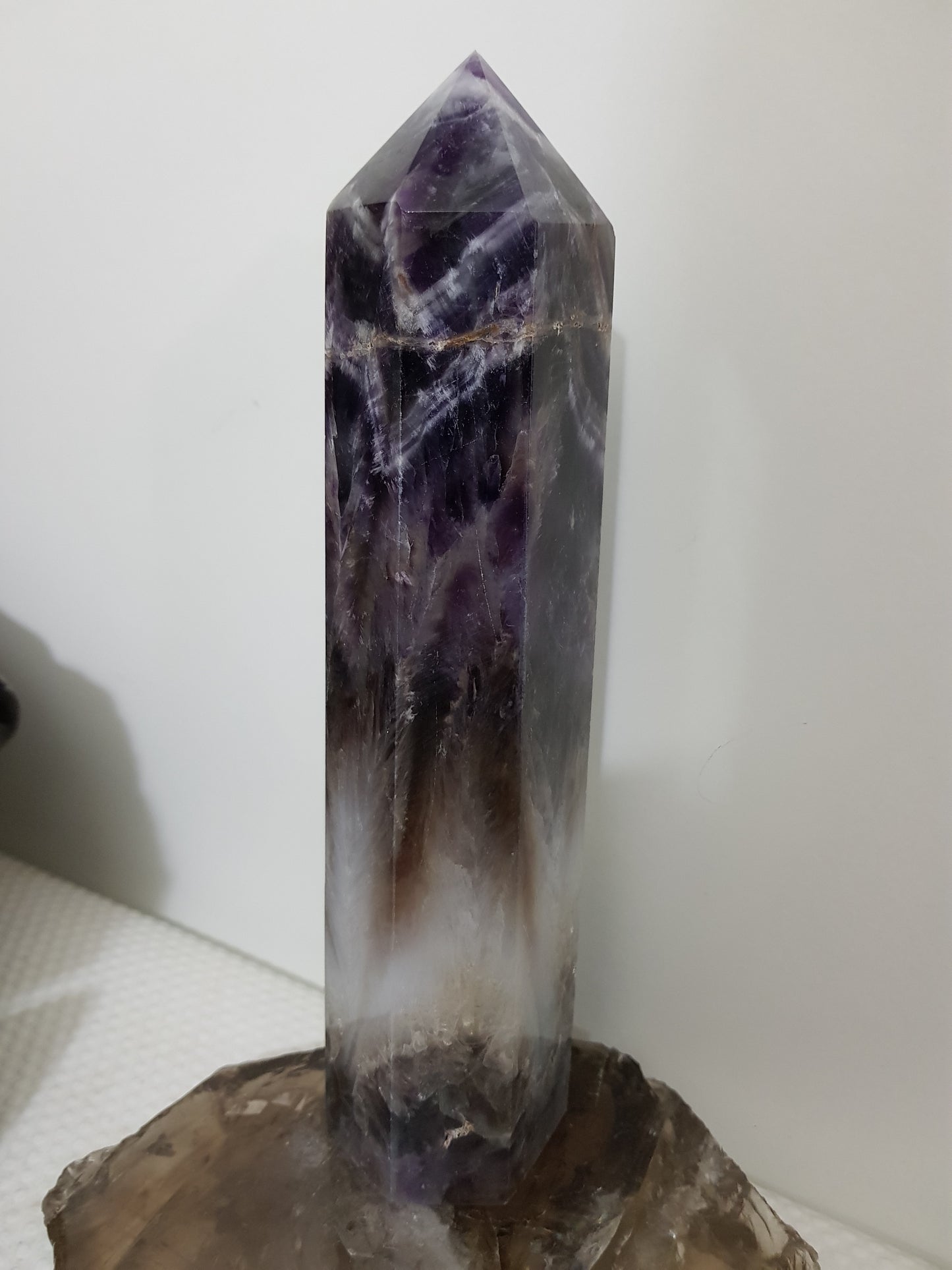 Chevron amethyst crystal point tower polished Brazil deep purple chevron banding 20.5cm