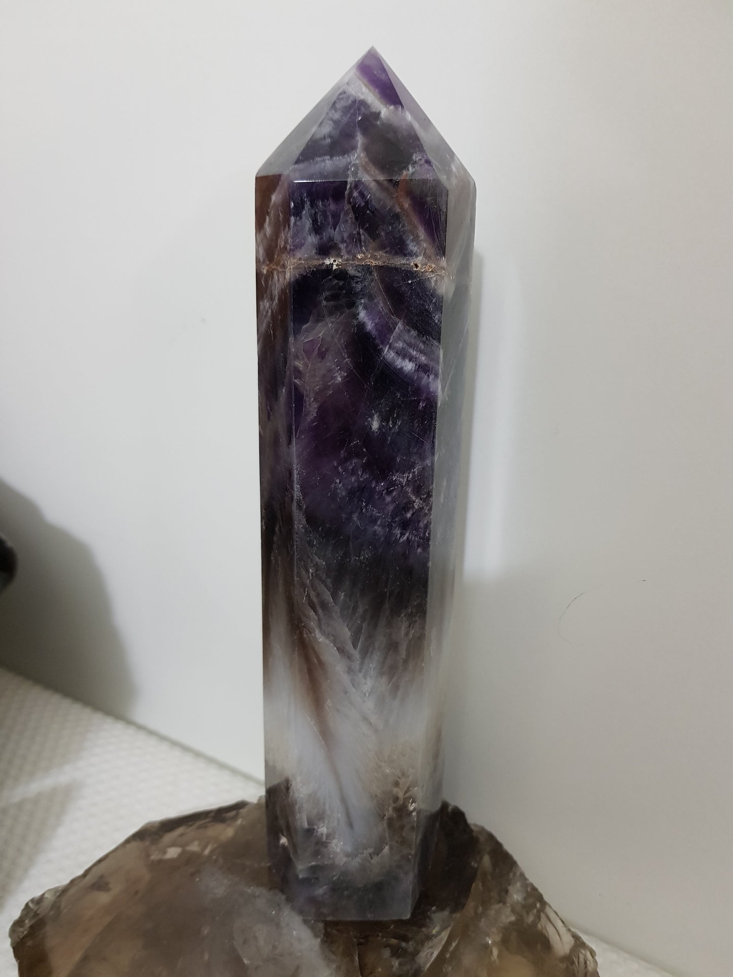 Chevron amethyst crystal point tower polished Brazil deep purple chevron banding 20.5cm