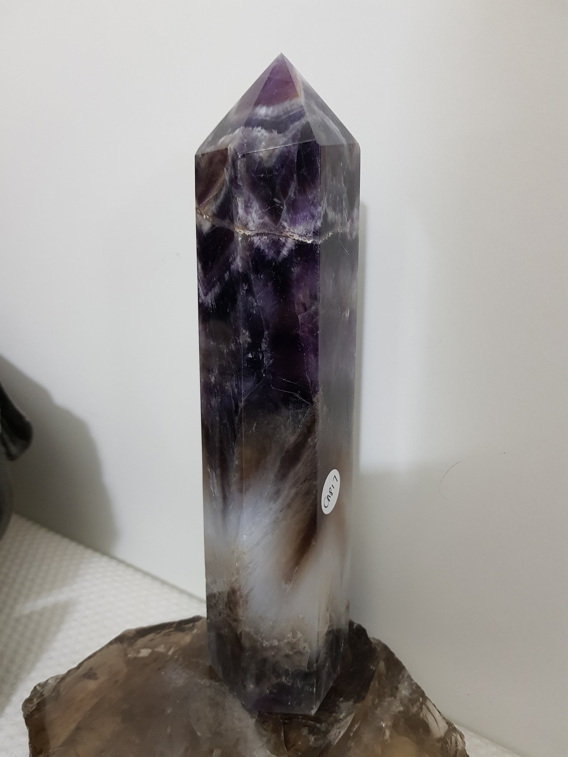 Chevron amethyst crystal point tower polished Brazil deep purple chevron banding 20.5cm