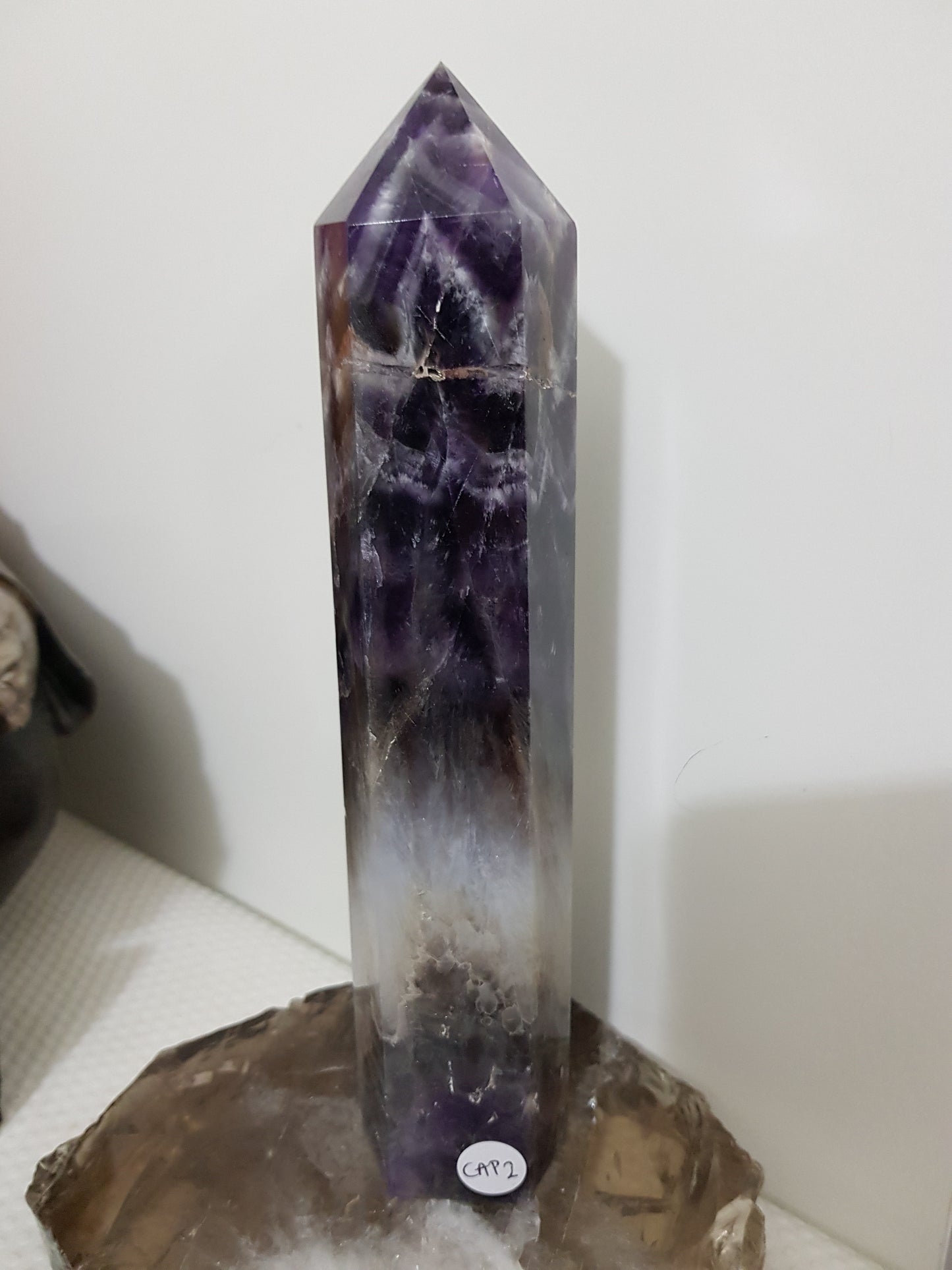 Chevron amethyst crystal point tower polished Brazil deep purple chevron banding 21.5cm