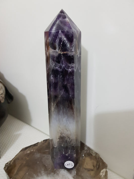 Chevron amethyst crystal point tower polished Brazil deep purple chevron banding 21.5cm