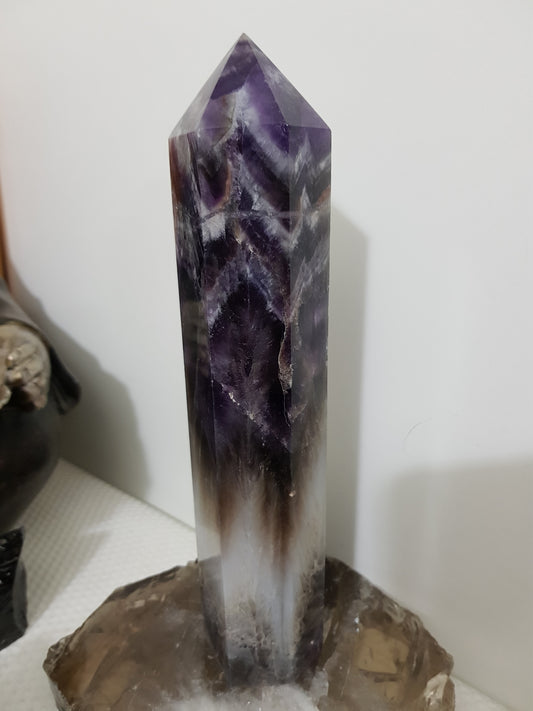 Chevron amethyst crystal point tower polished Brazil deep purple chevron banding 21.5cm