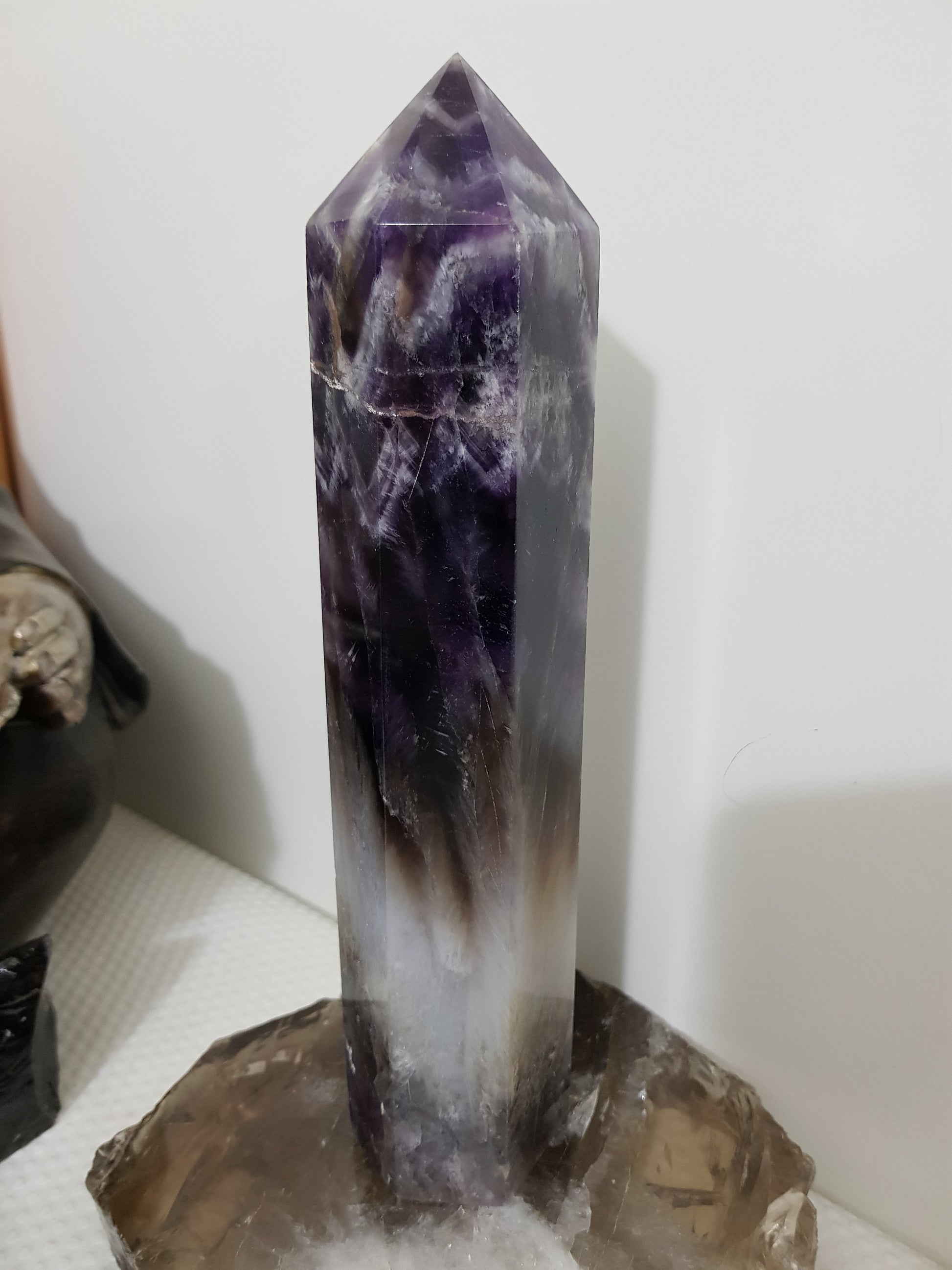 Chevron amethyst crystal point tower polished Brazil deep purple chevron banding 21.5cm