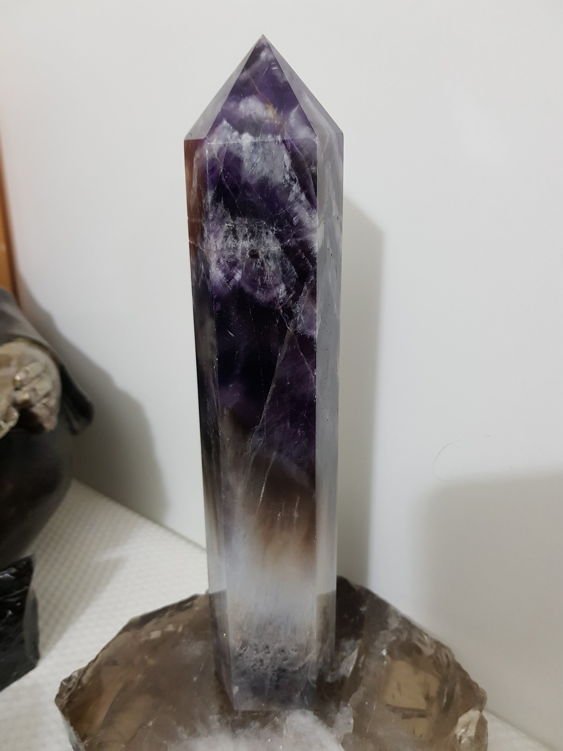 Chevron amethyst crystal point tower polished Brazil deep purple chevron banding 21.5cm