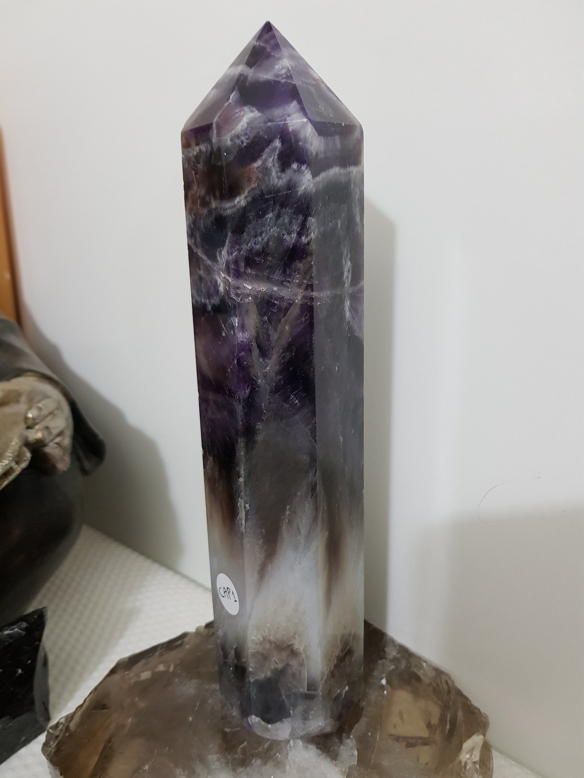 Chevron amethyst crystal point tower polished Brazil deep purple chevron banding 22.5cm