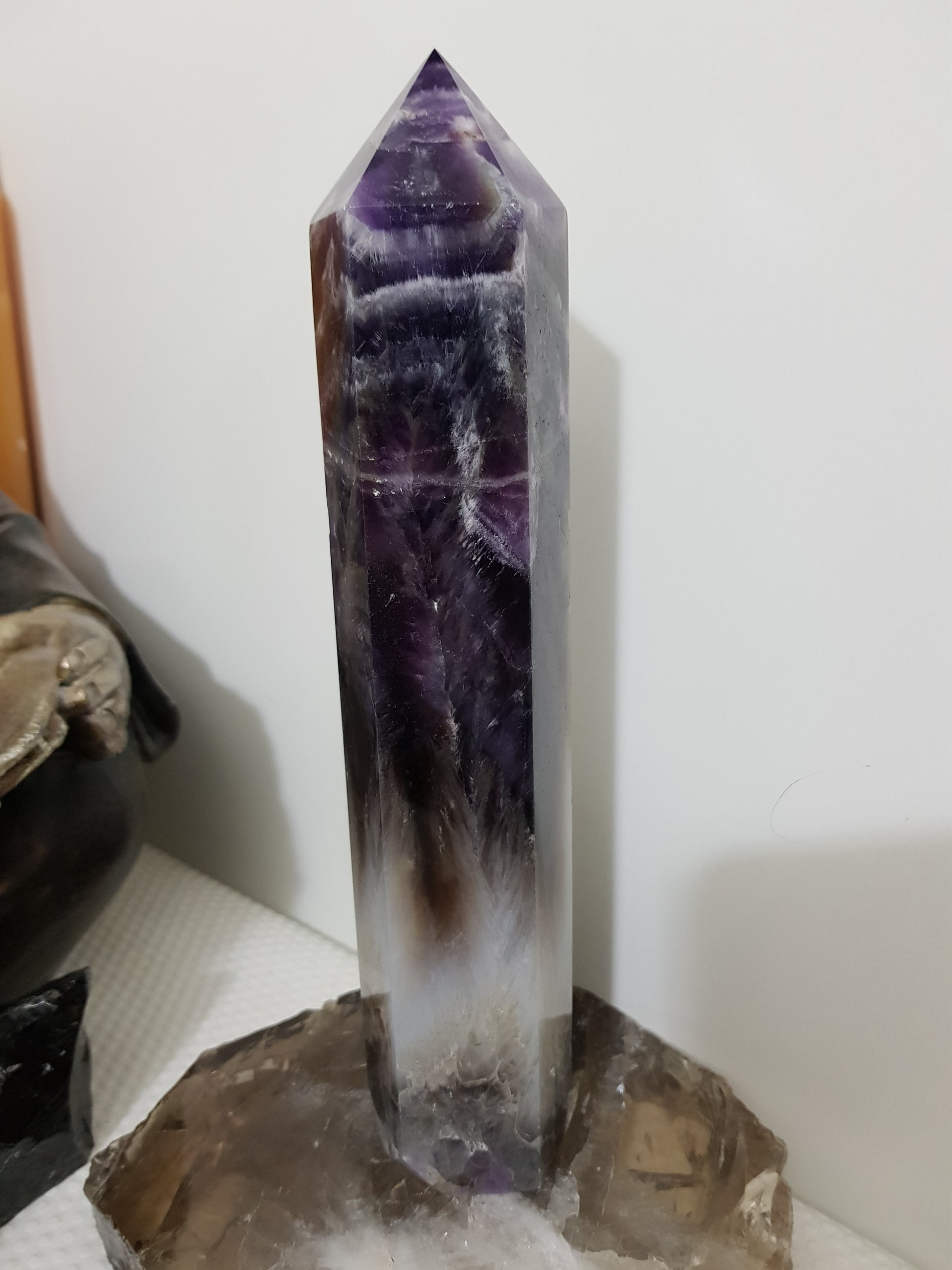 Chevron amethyst crystal point tower polished Brazil deep purple chevron banding 22.5cm