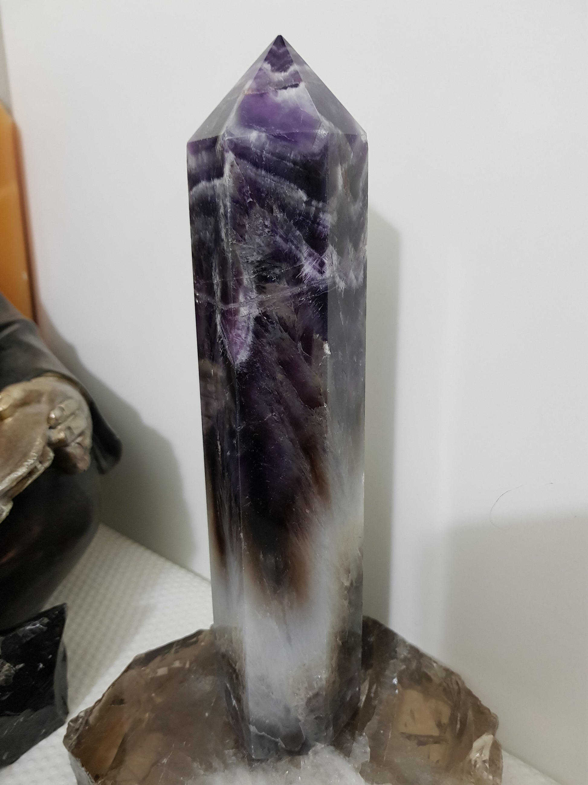 Chevron amethyst crystal point tower polished Brazil deep purple chevron banding 22.5cm