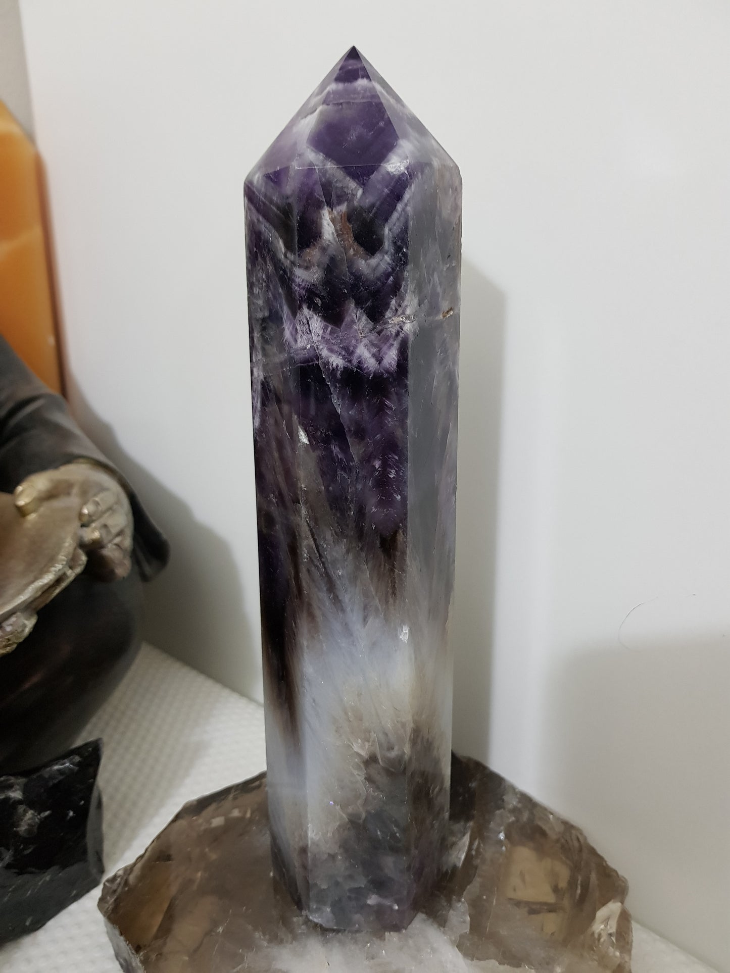 Chevron amethyst crystal point tower polished Brazil deep purple chevron banding 22.5cm