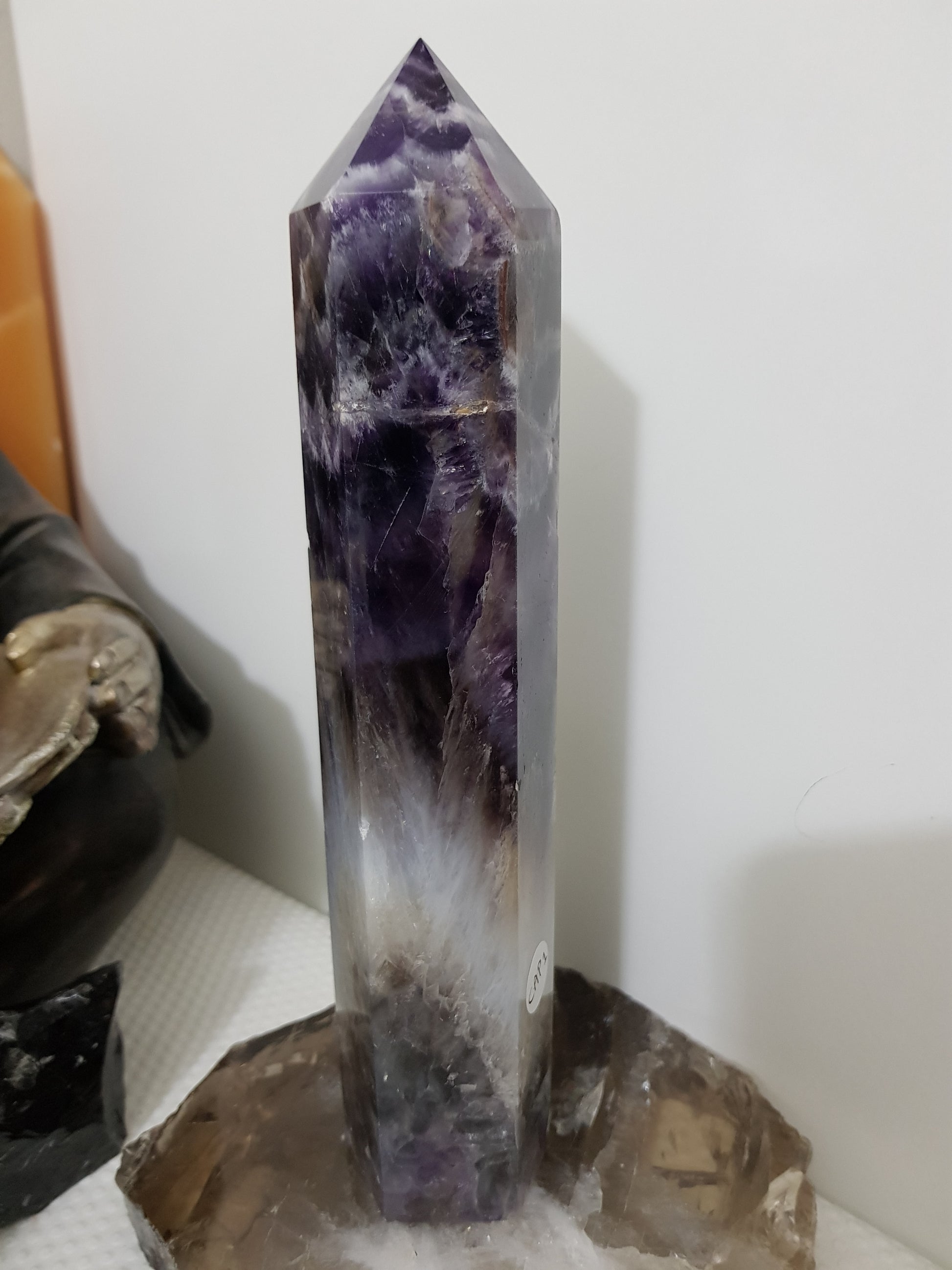 Chevron amethyst crystal point tower polished Brazil deep purple chevron banding 22.5cm