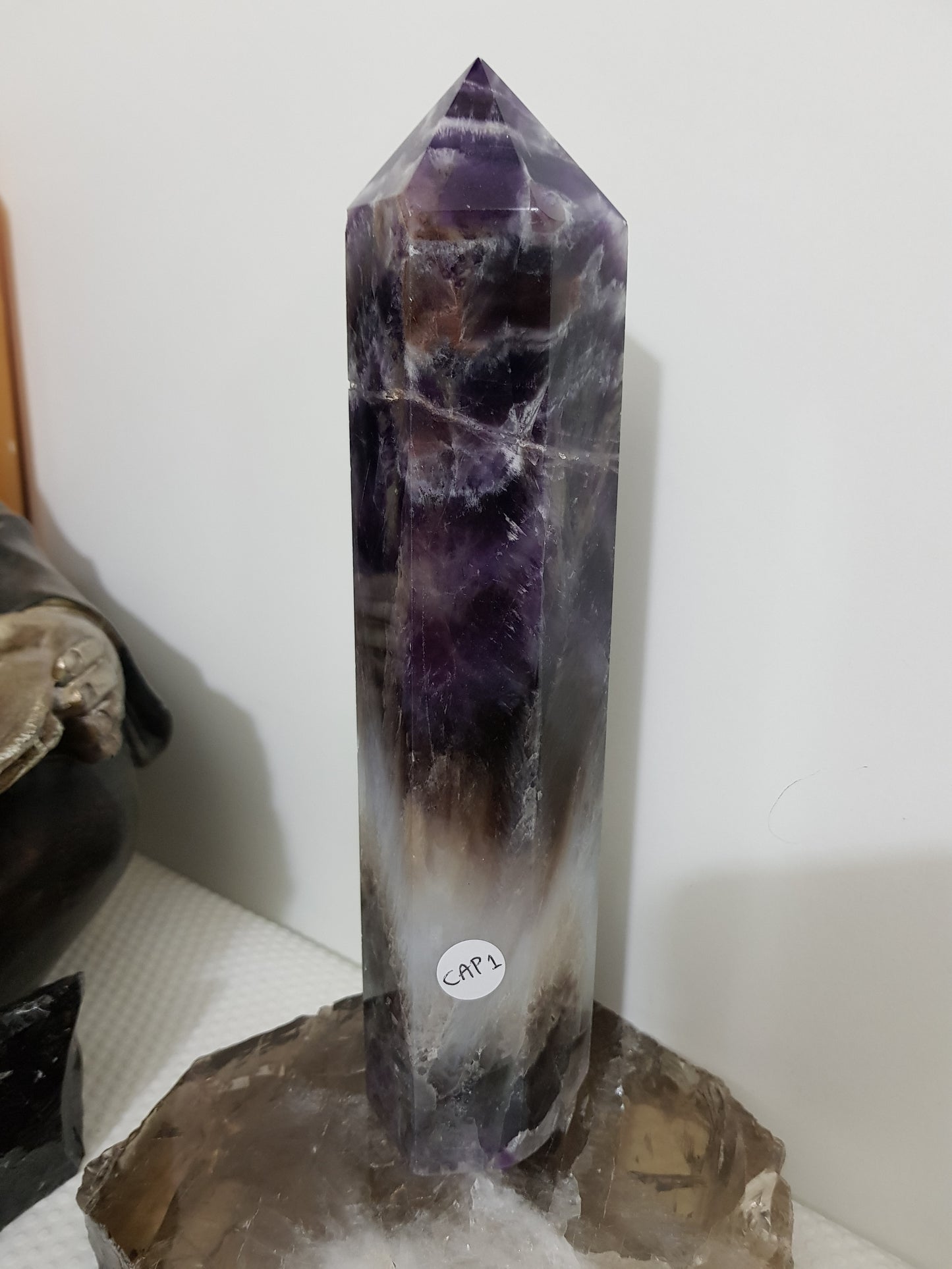 Chevron amethyst crystal point tower polished Brazil deep purple chevron banding 22.5cm