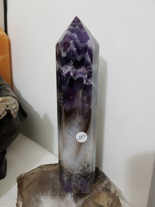 Chevron amethyst crystal point tower polished Brazil deep purple chevron banding 22cm