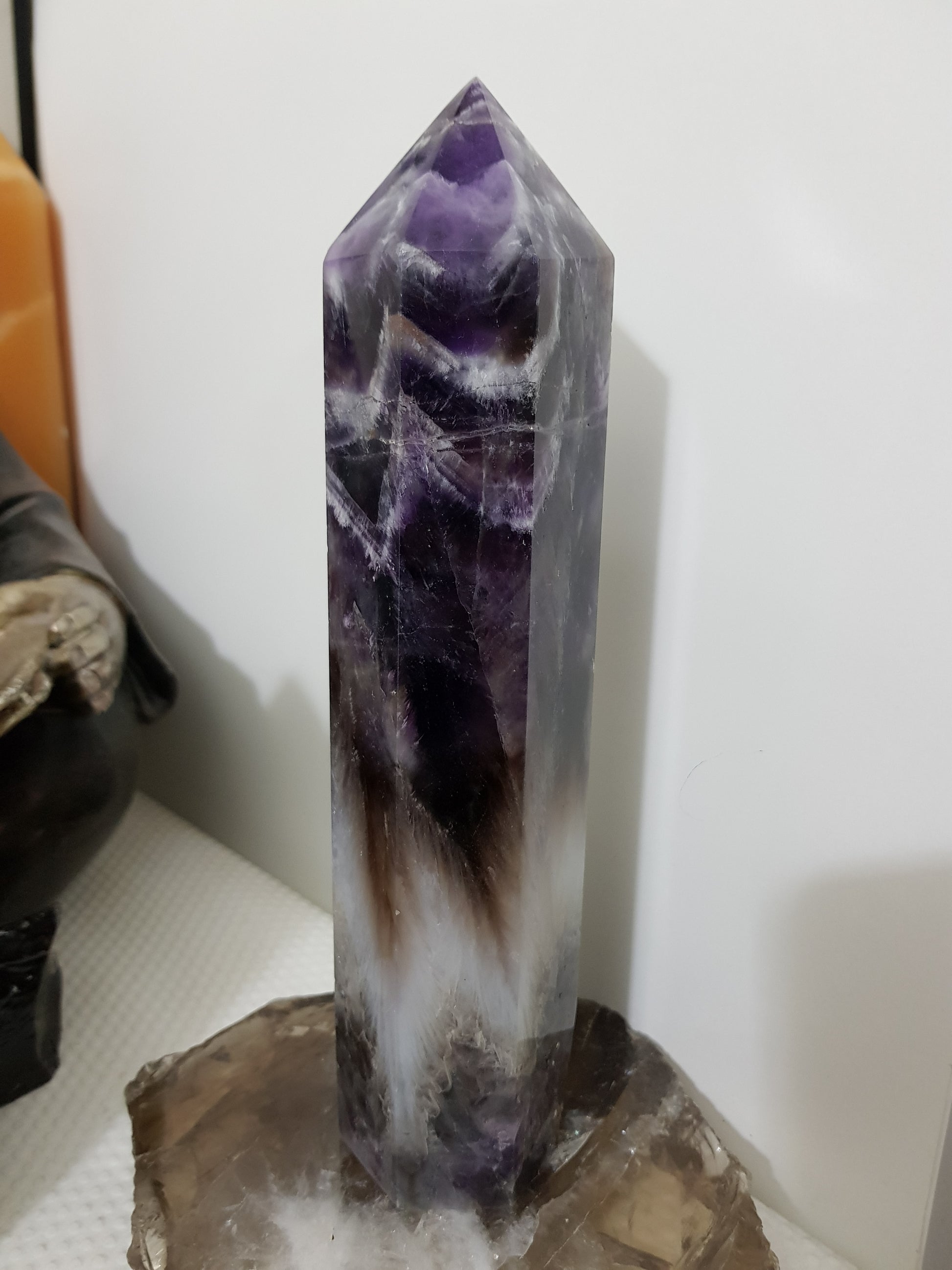 Chevron amethyst crystal point tower polished Brazil deep purple chevron banding 22cm