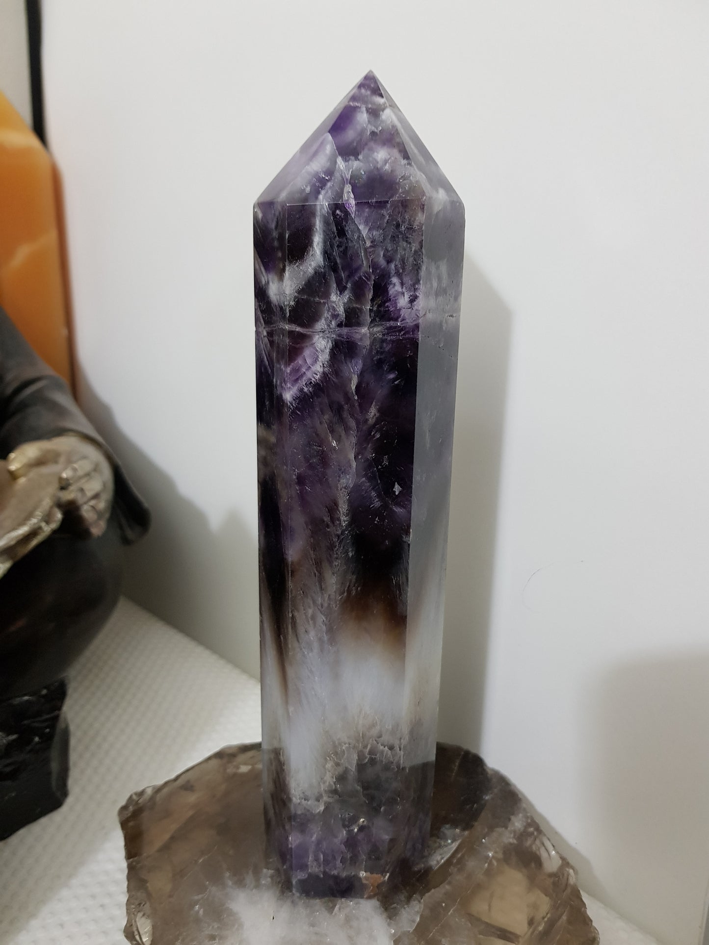 Chevron amethyst crystal point tower polished Brazil deep purple chevron banding 22cm
