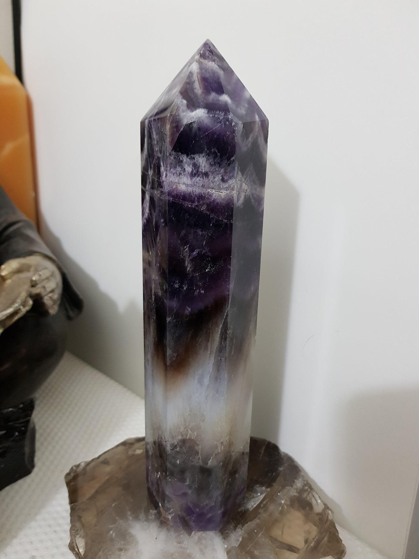 Chevron amethyst crystal point tower polished Brazil deep purple chevron banding 22cm