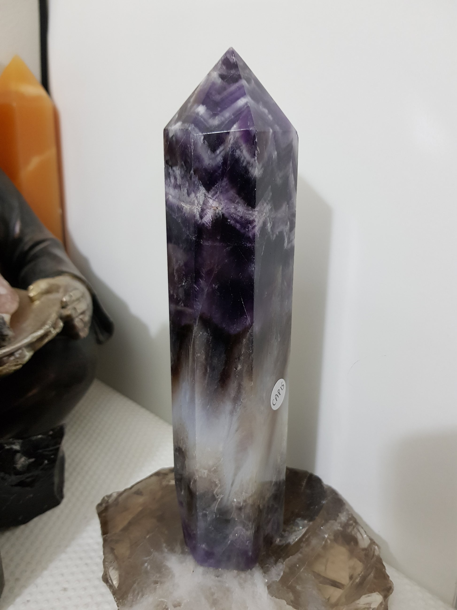 Chevron amethyst crystal point tower polished Brazil deep purple chevron banding 22cm