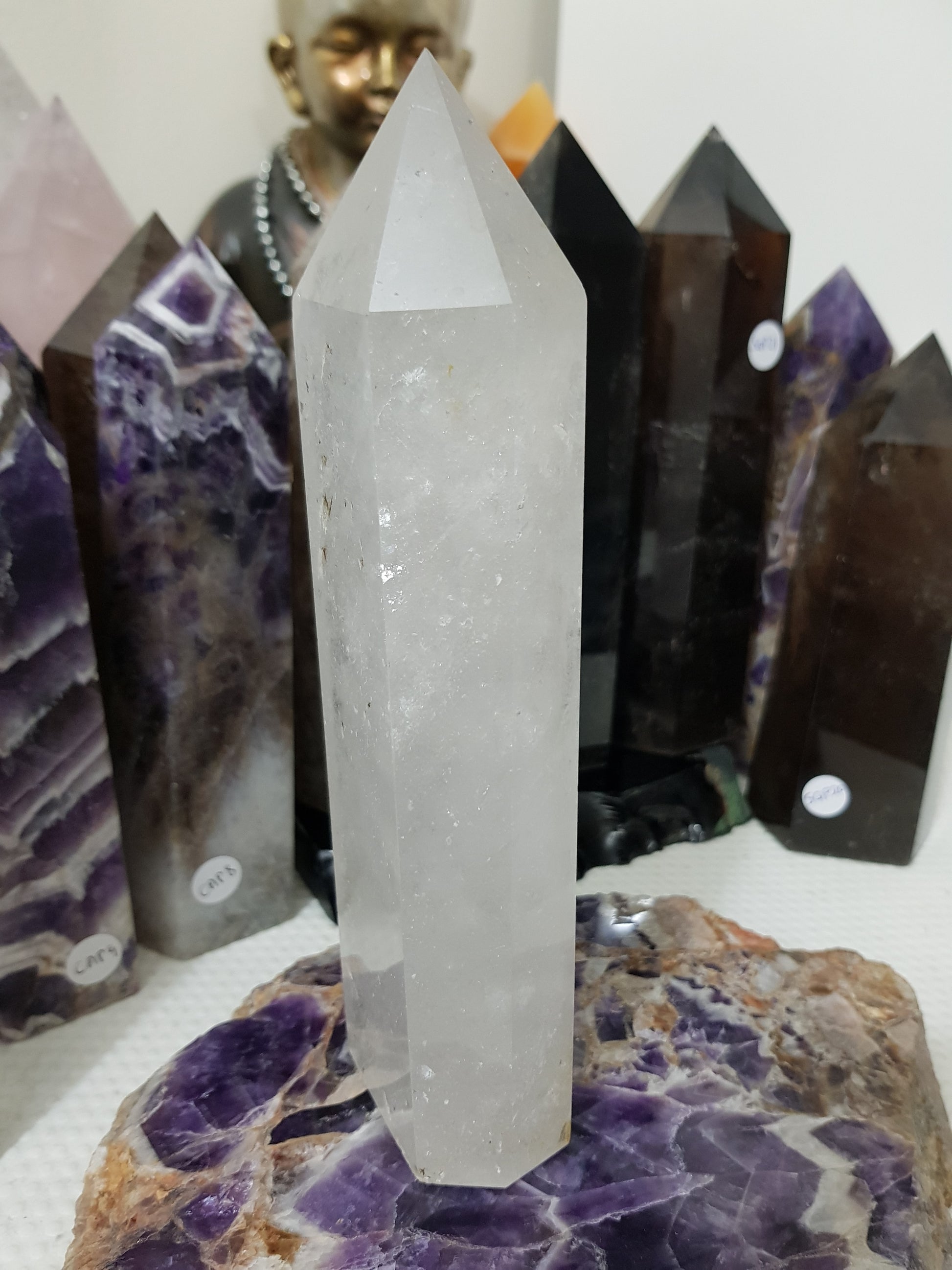 Polished Brazilian Clear quartz crystal point tower 19.5cm