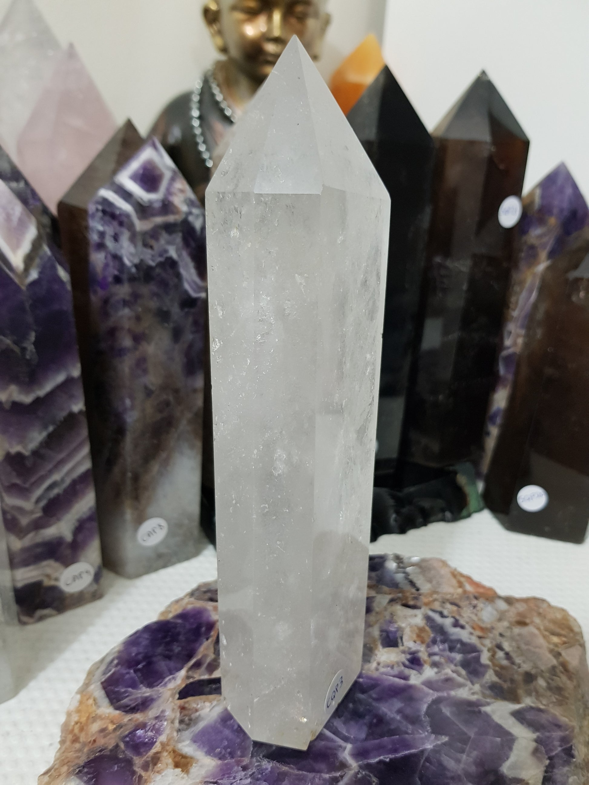 Polished Brazilian Clear quartz crystal point tower 19.5cm