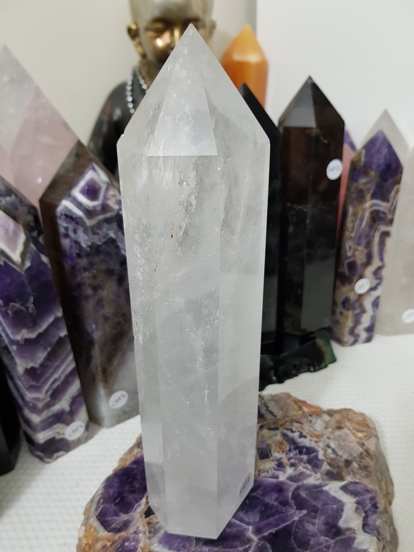 Polished Brazilian Clear quartz crystal point tower 23cm