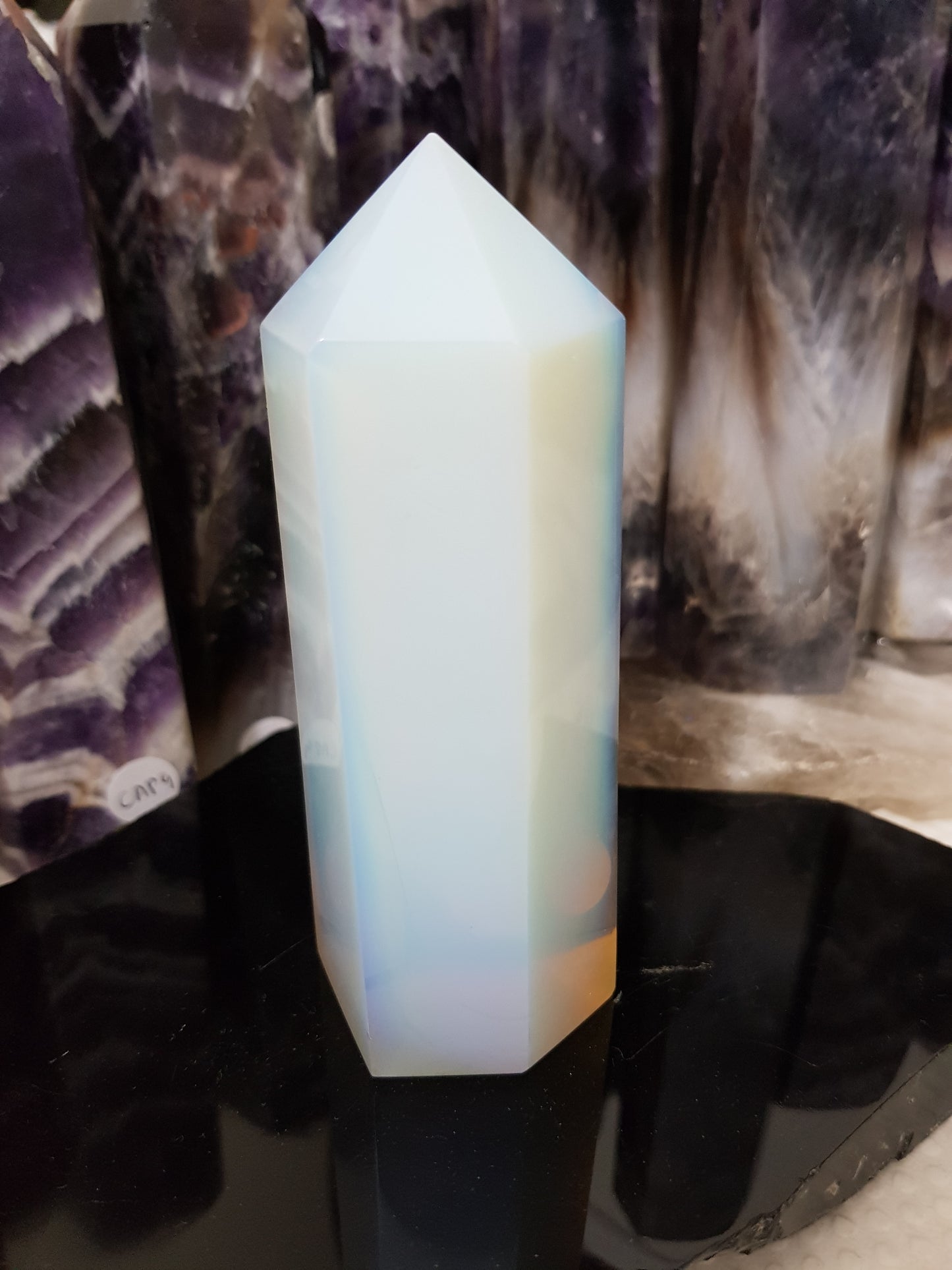 Opalite crystal point tower polished milky blue glow 11.5cm
