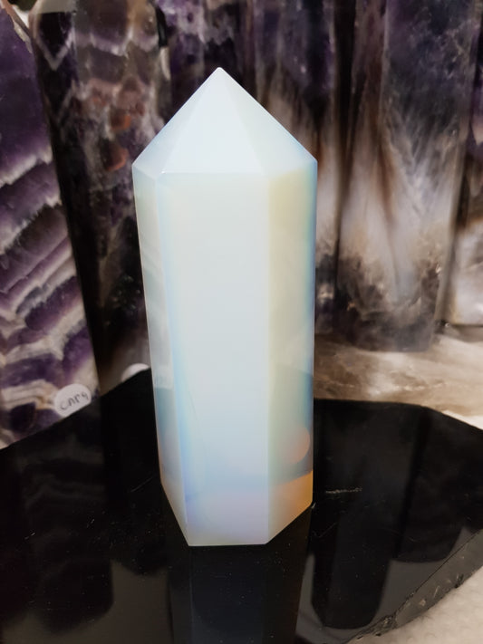 Opalite crystal point tower polished milky blue glow 11.5cm