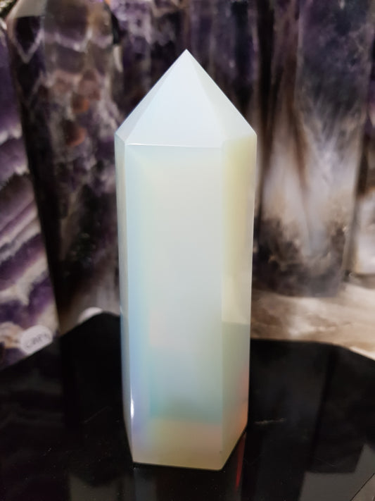 Opalite crystal point tower polished milky blue glow 11.5cm