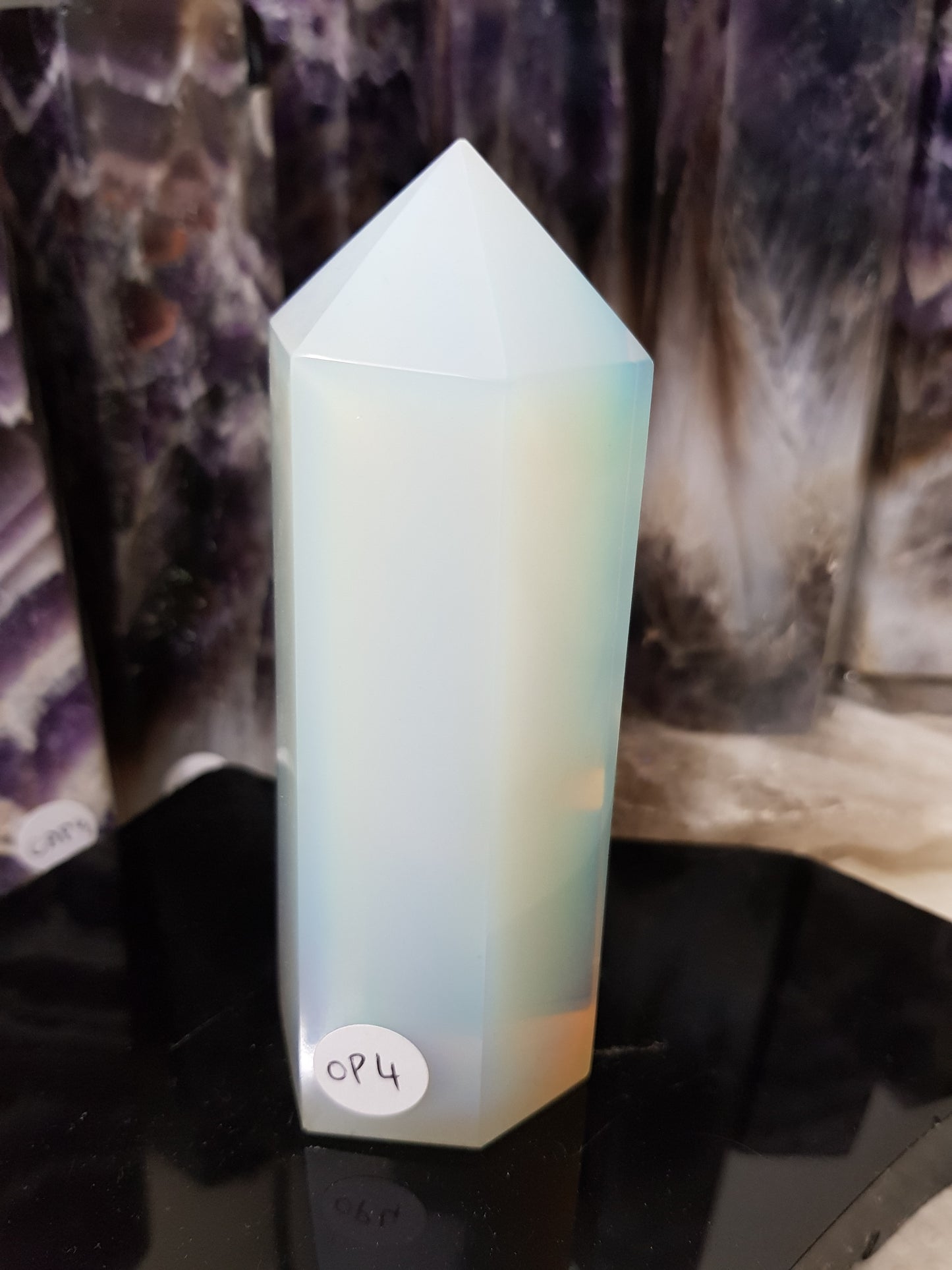 Opalite crystal point tower polished milky blue glow 11.5cm