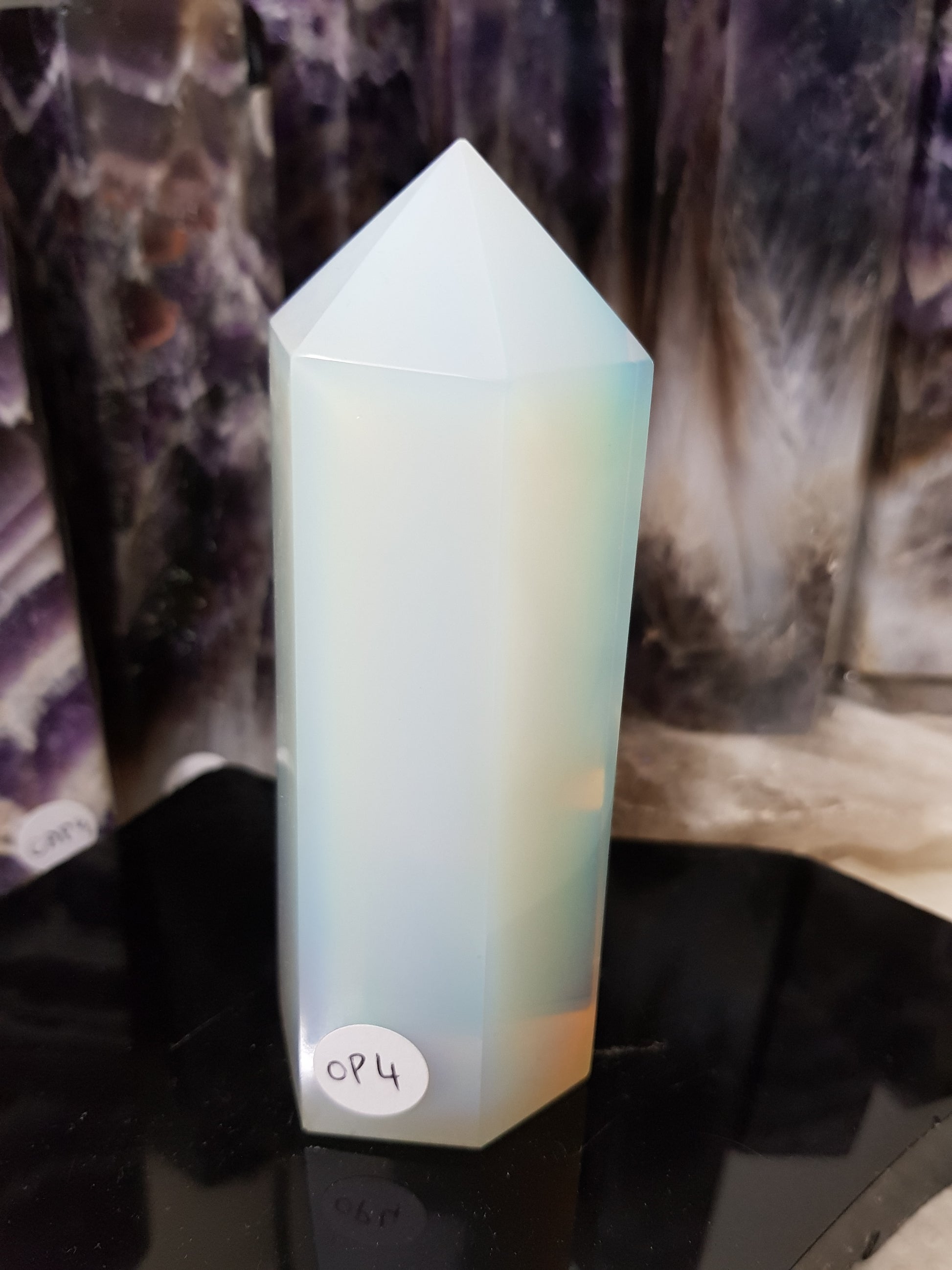 Opalite crystal point tower polished milky blue glow 11.5cm