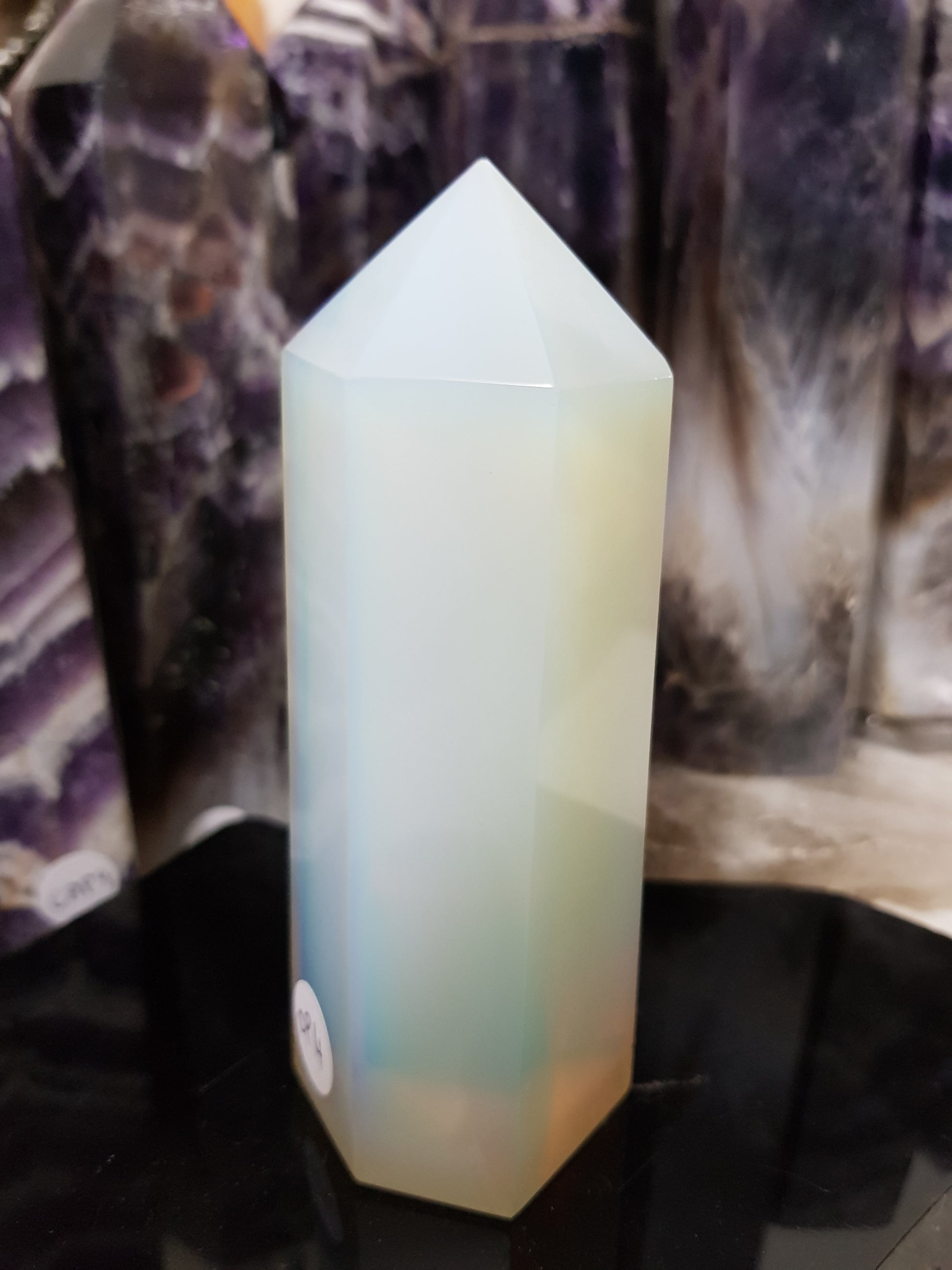 Opalite crystal point tower polished milky blue glow 11.5cm