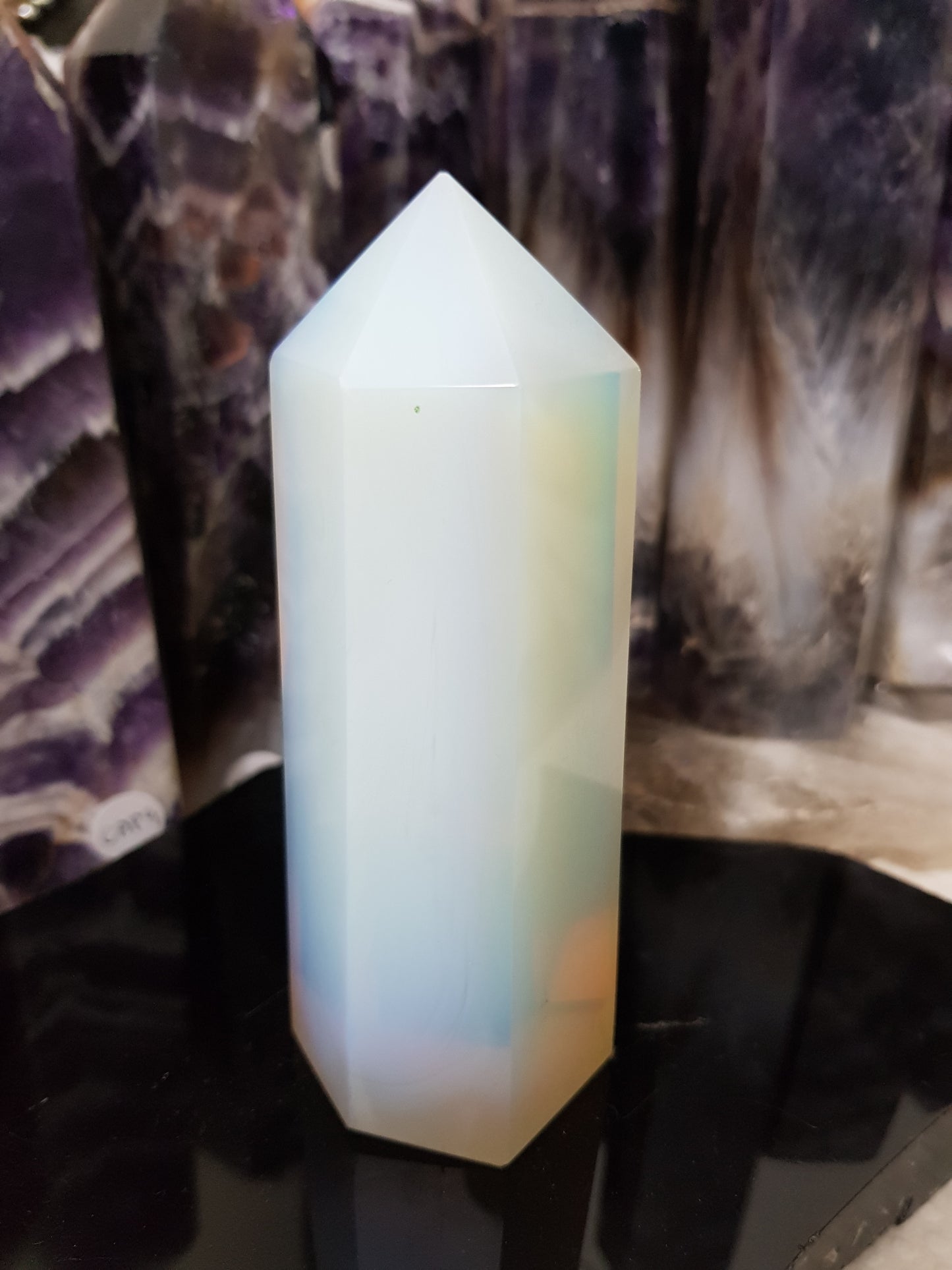 Opalite crystal point tower polished milky blue glow 11.5cm