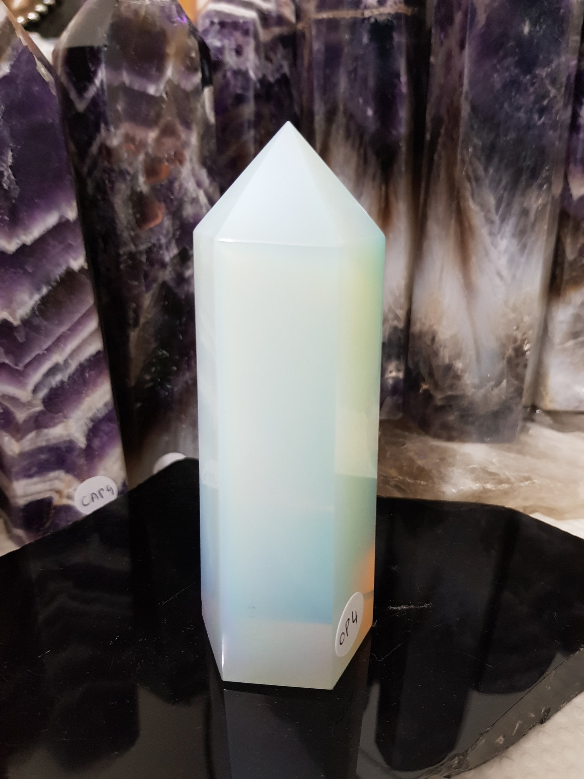 Opalite crystal point tower polished milky blue glow 11.5cm