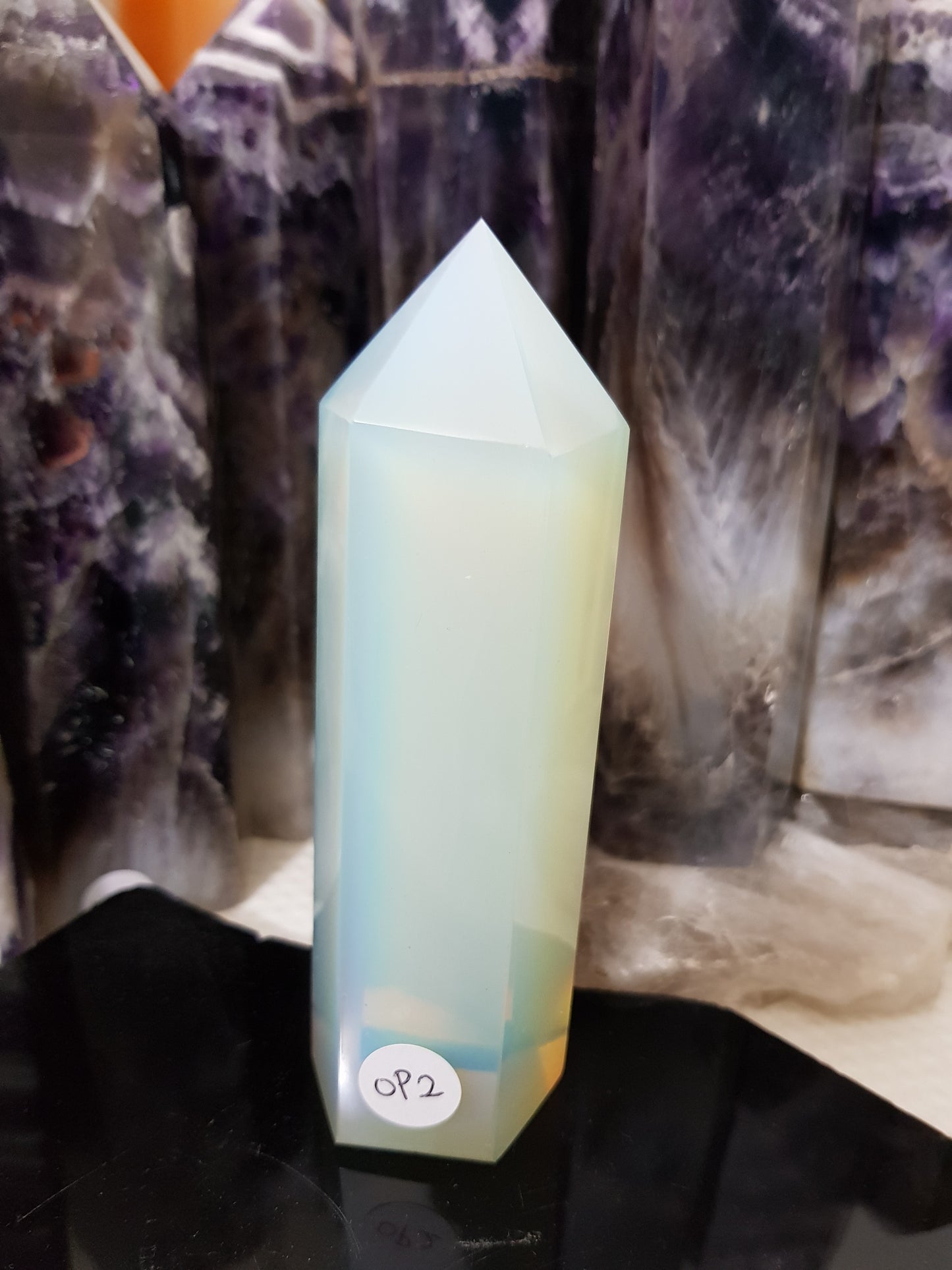 Opalite crystal point tower polished milky blue glow 12.5cm