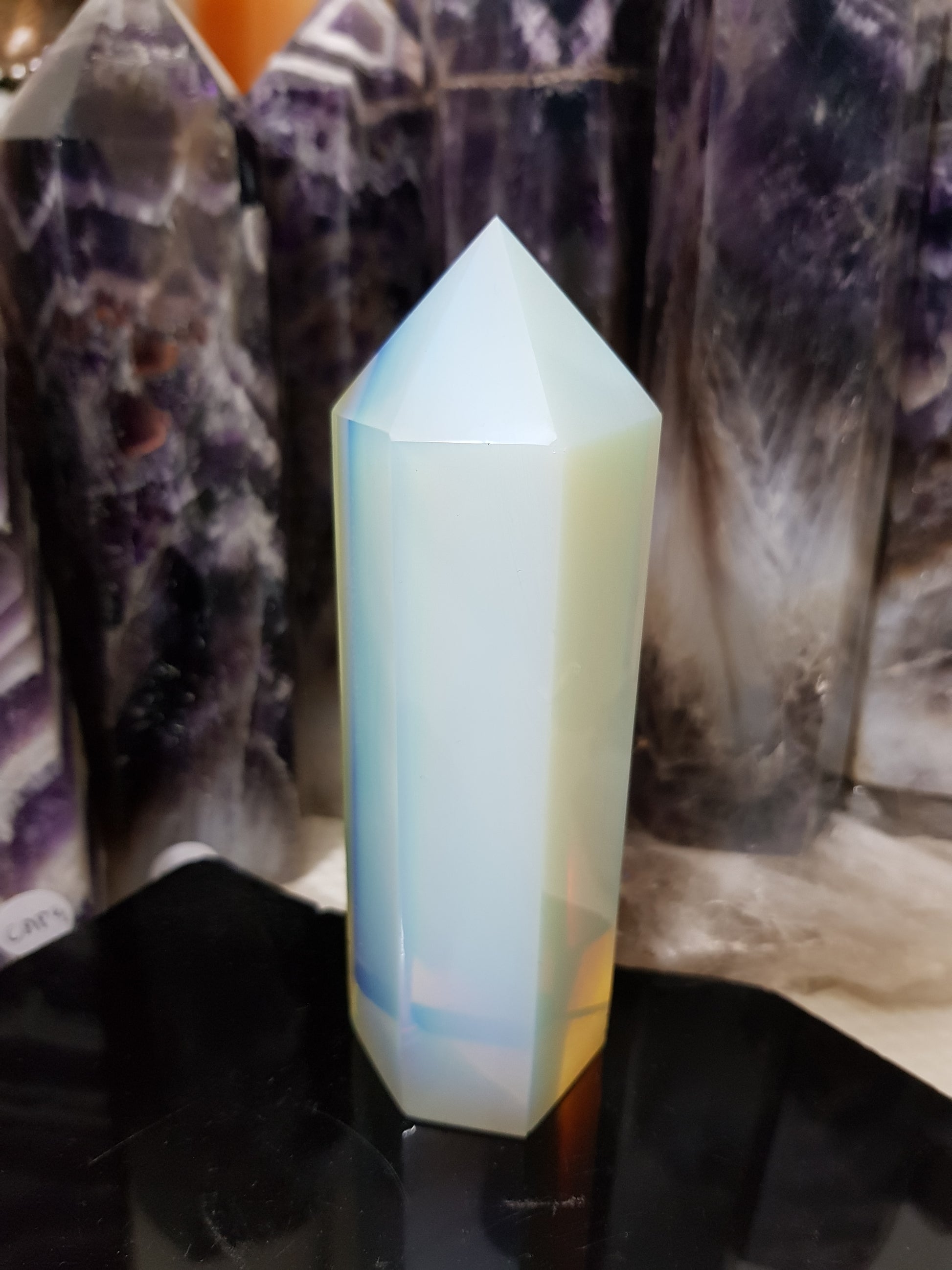Opalite crystal point tower polished milky blue glow 12.5cm