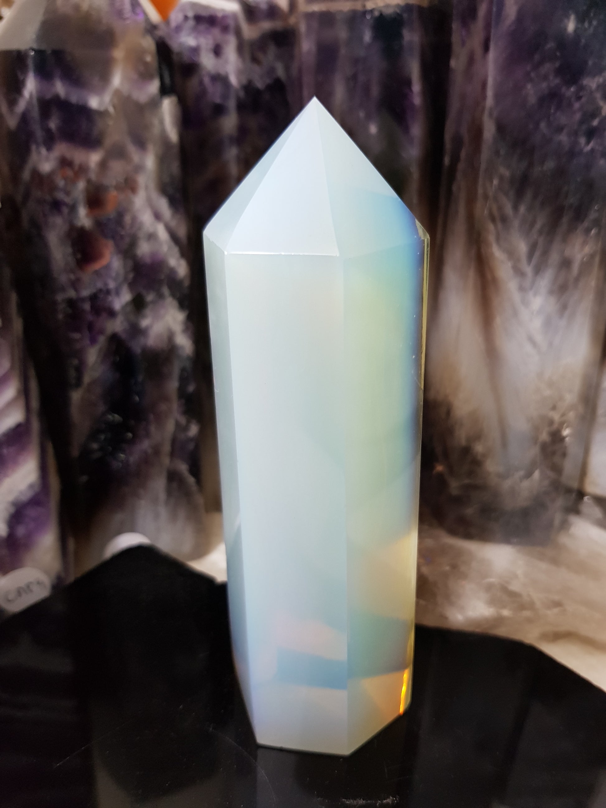Opalite crystal point tower polished milky blue glow 12.5cm