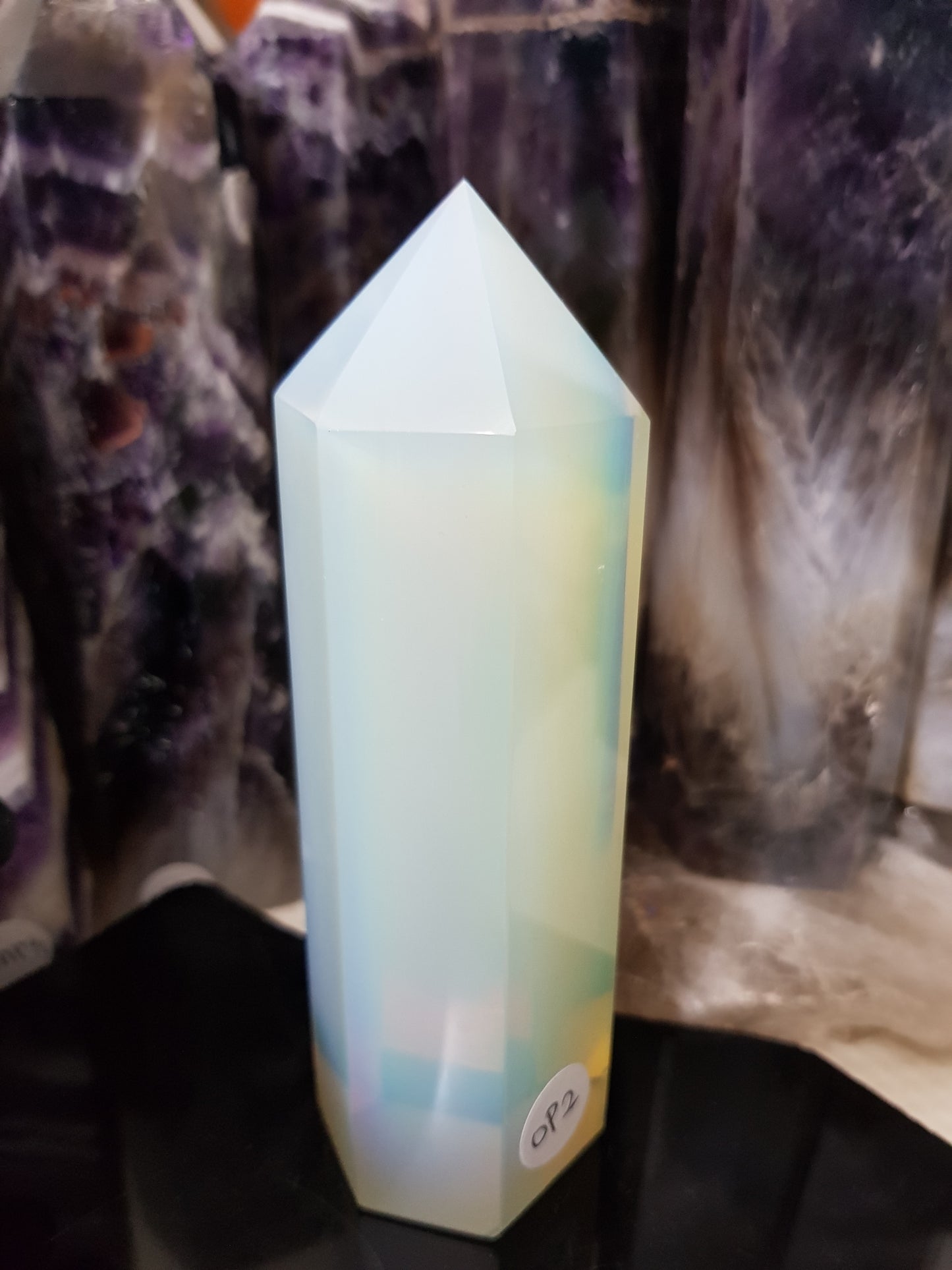 Opalite crystal point tower polished milky blue glow 12.5cm