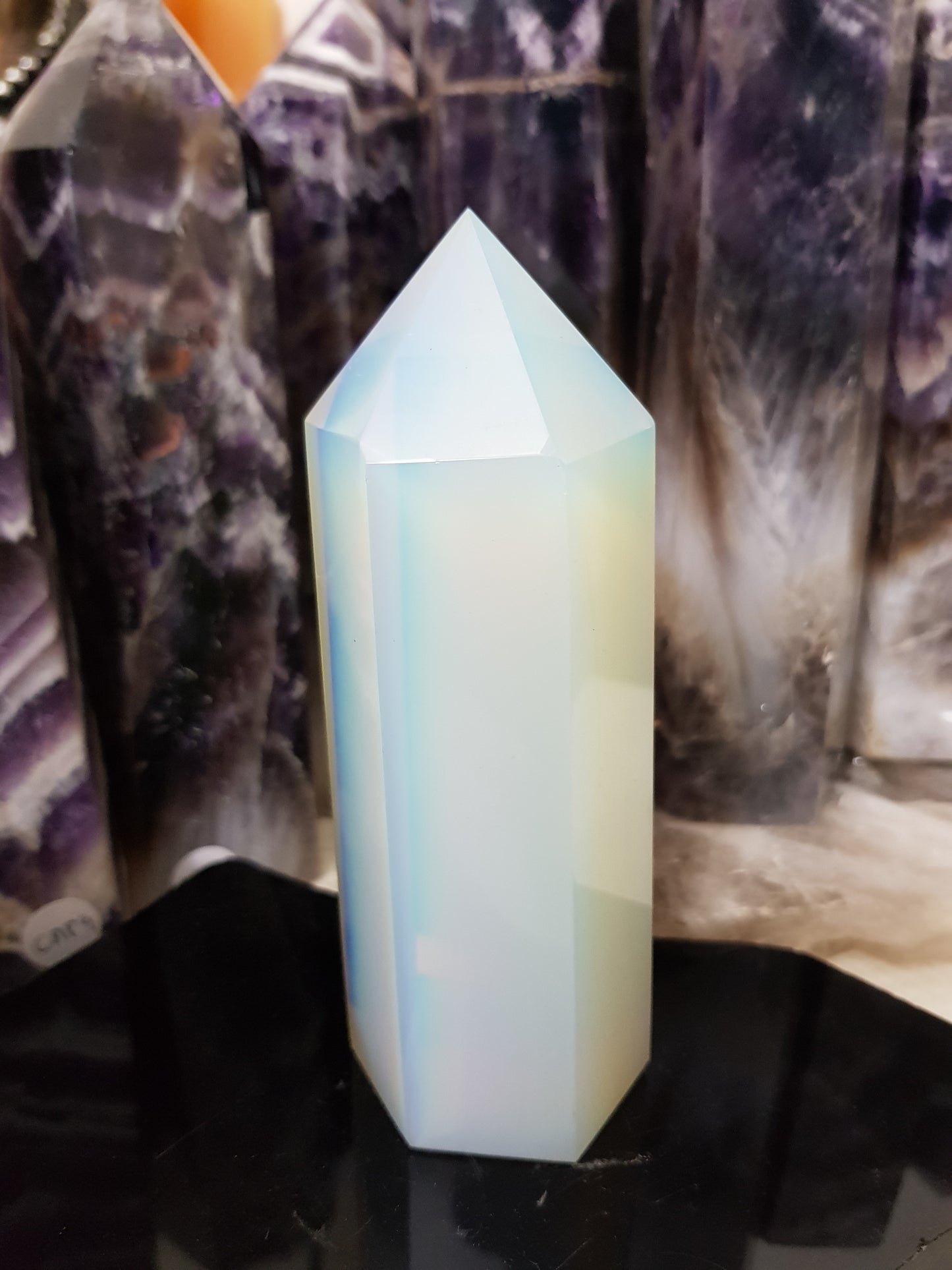 Opalite crystal point tower polished milky blue glow 13cm