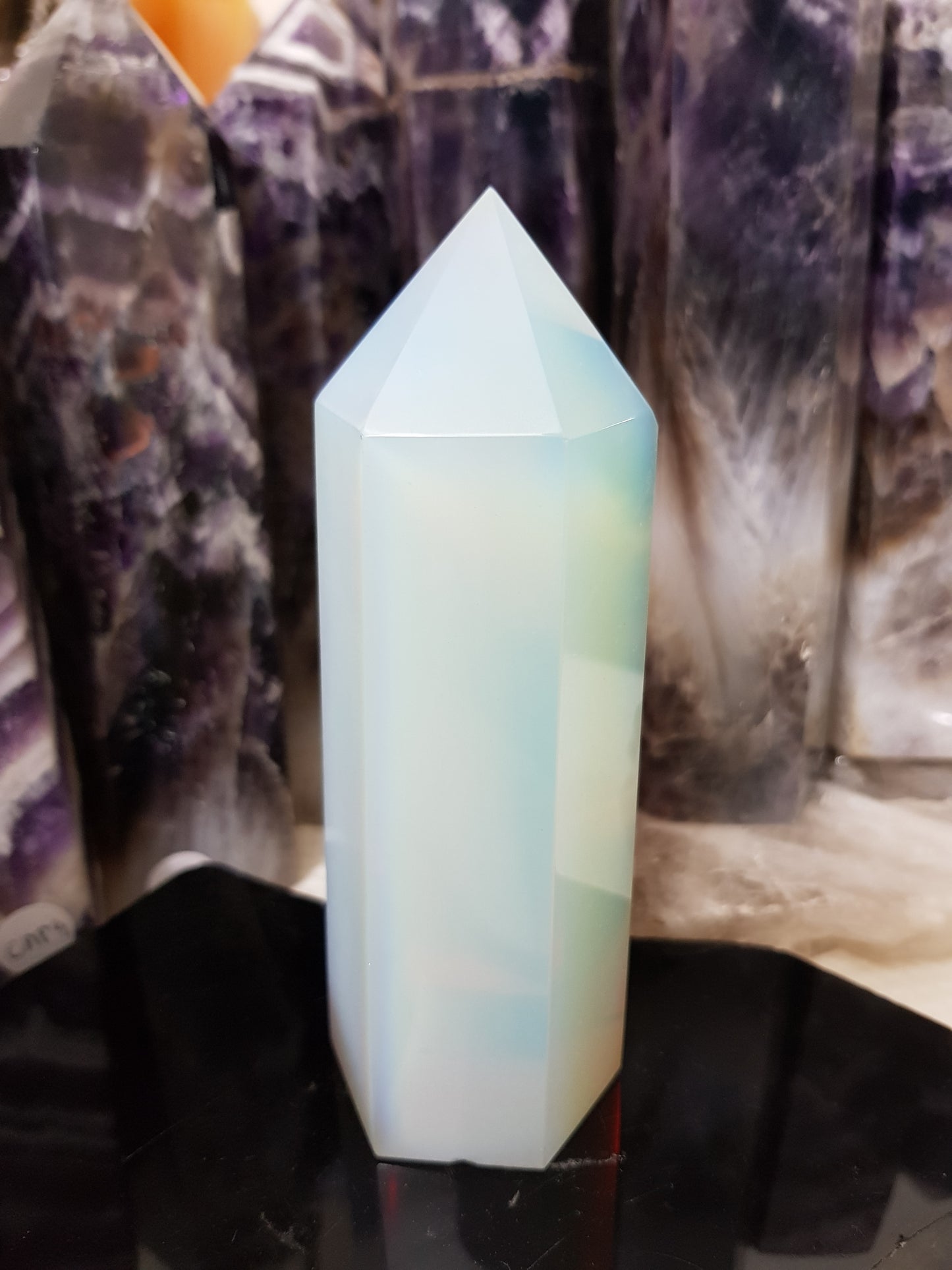 Opalite crystal point tower polished milky blue glow 13cm