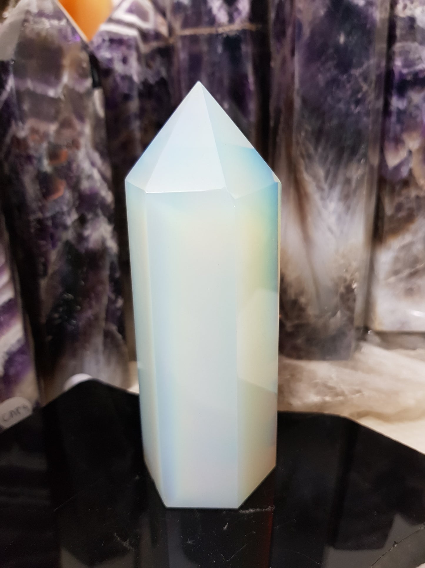 Opalite crystal point tower polished milky blue glow 13cm