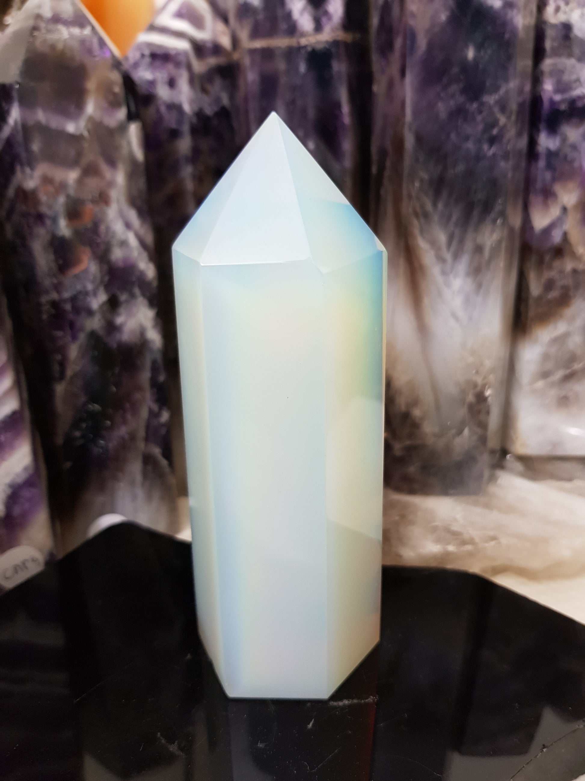 Opalite crystal point tower polished milky blue glow 13cm