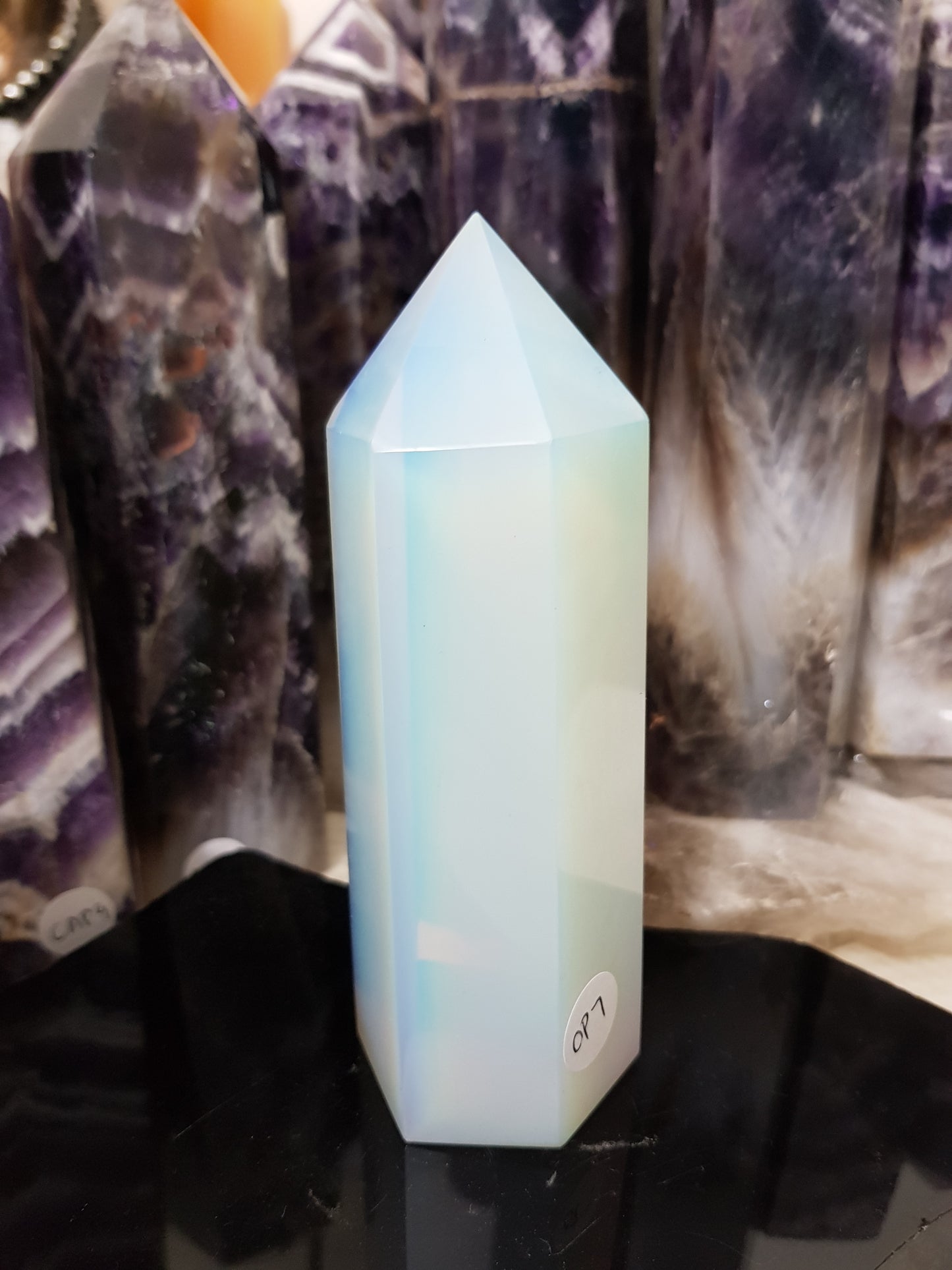 Opalite crystal point tower polished milky blue glow 13cm
