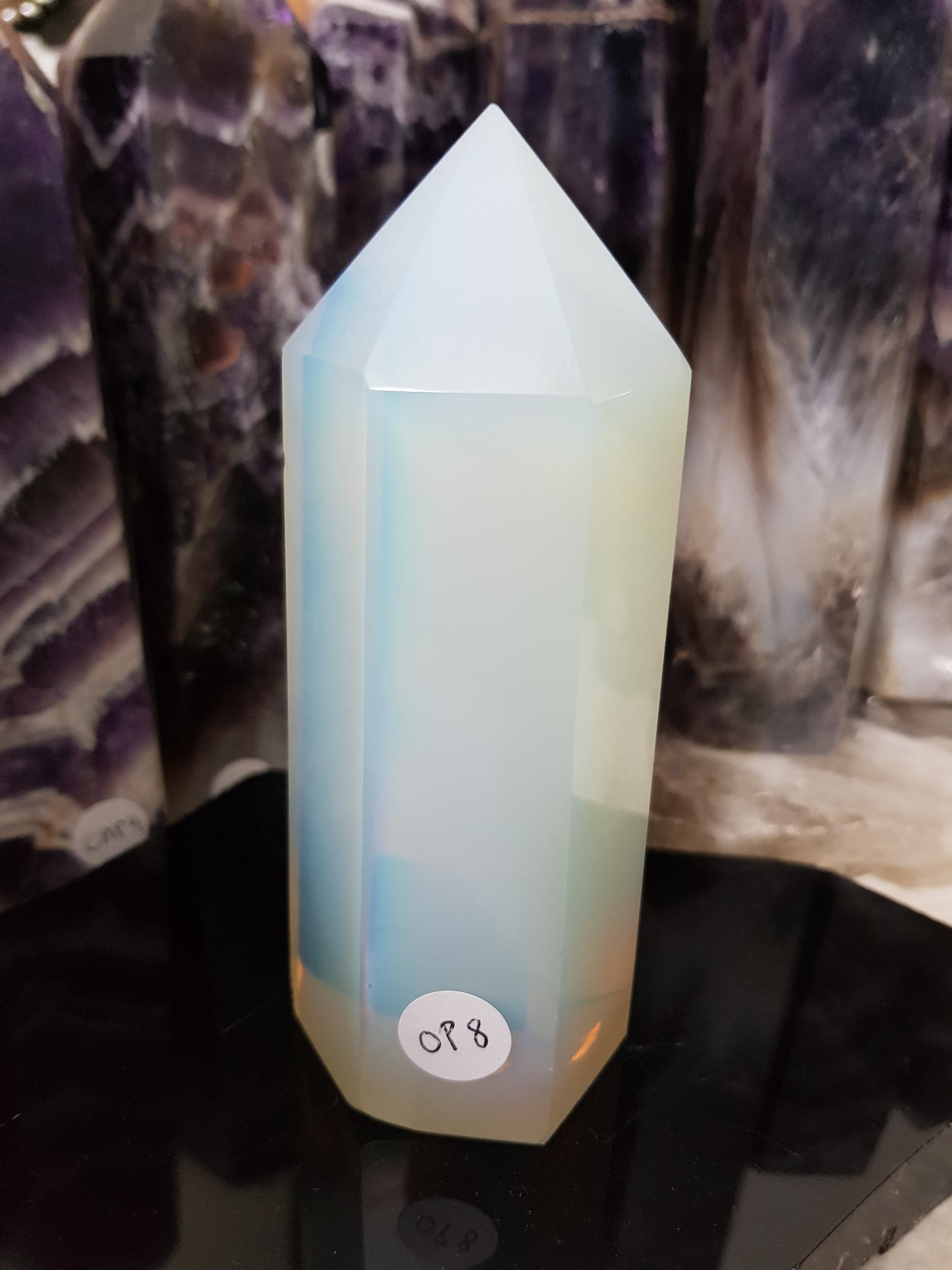 Opalite crystal point tower polished milky blue glow 12.5cm