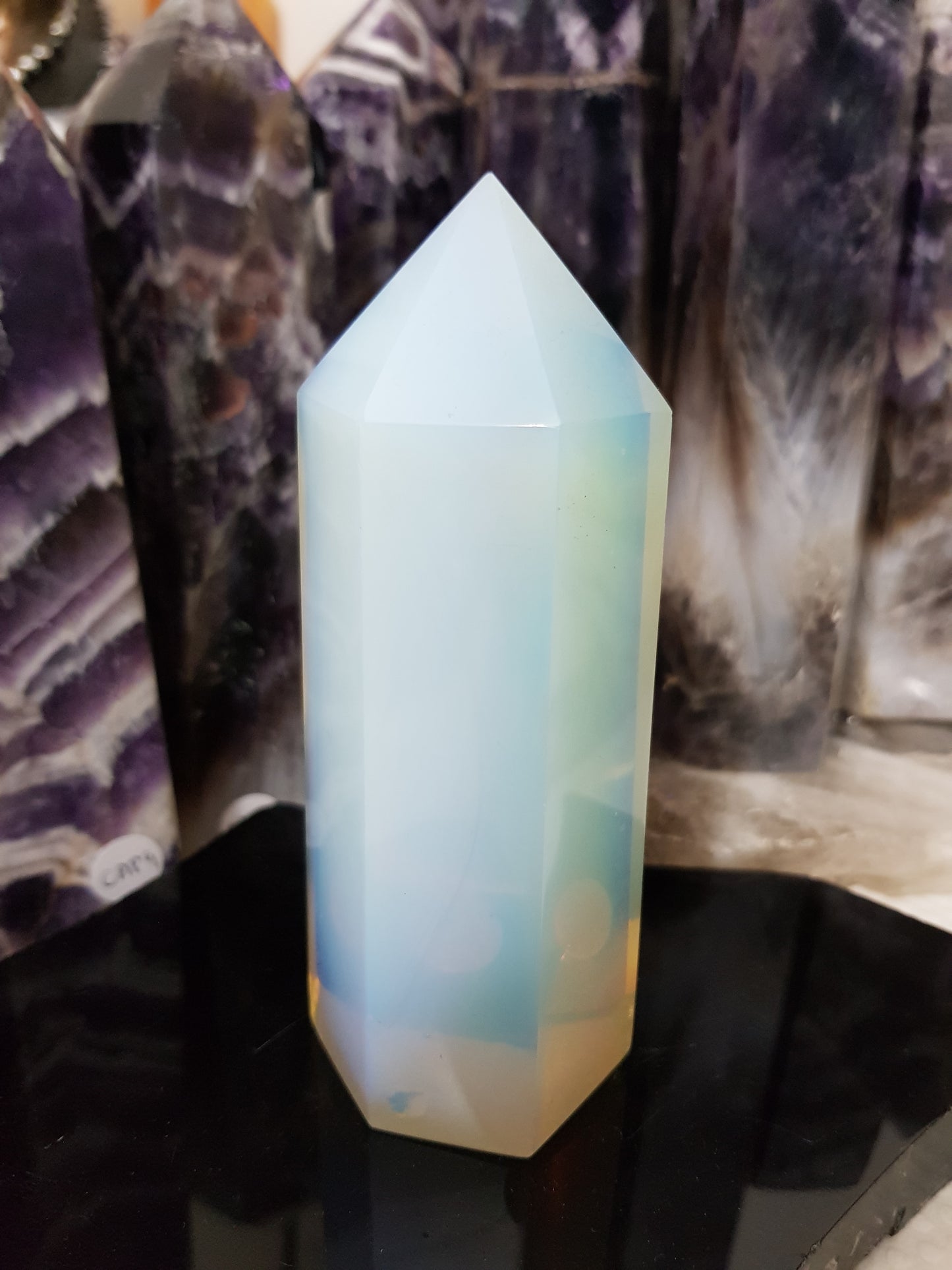 Opalite crystal point tower polished milky blue glow 12.5cm