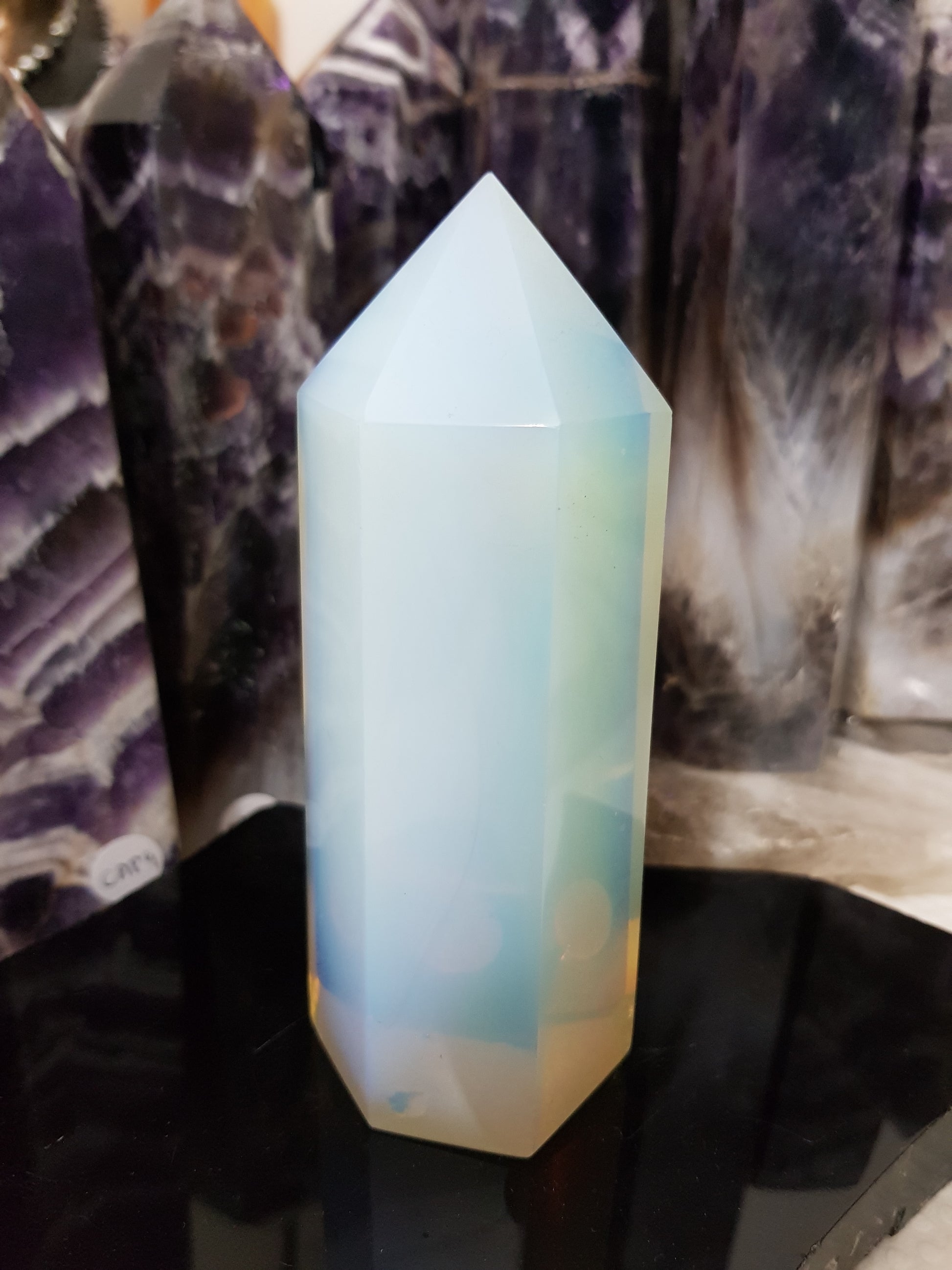 Opalite crystal point tower polished milky blue glow 12.5cm