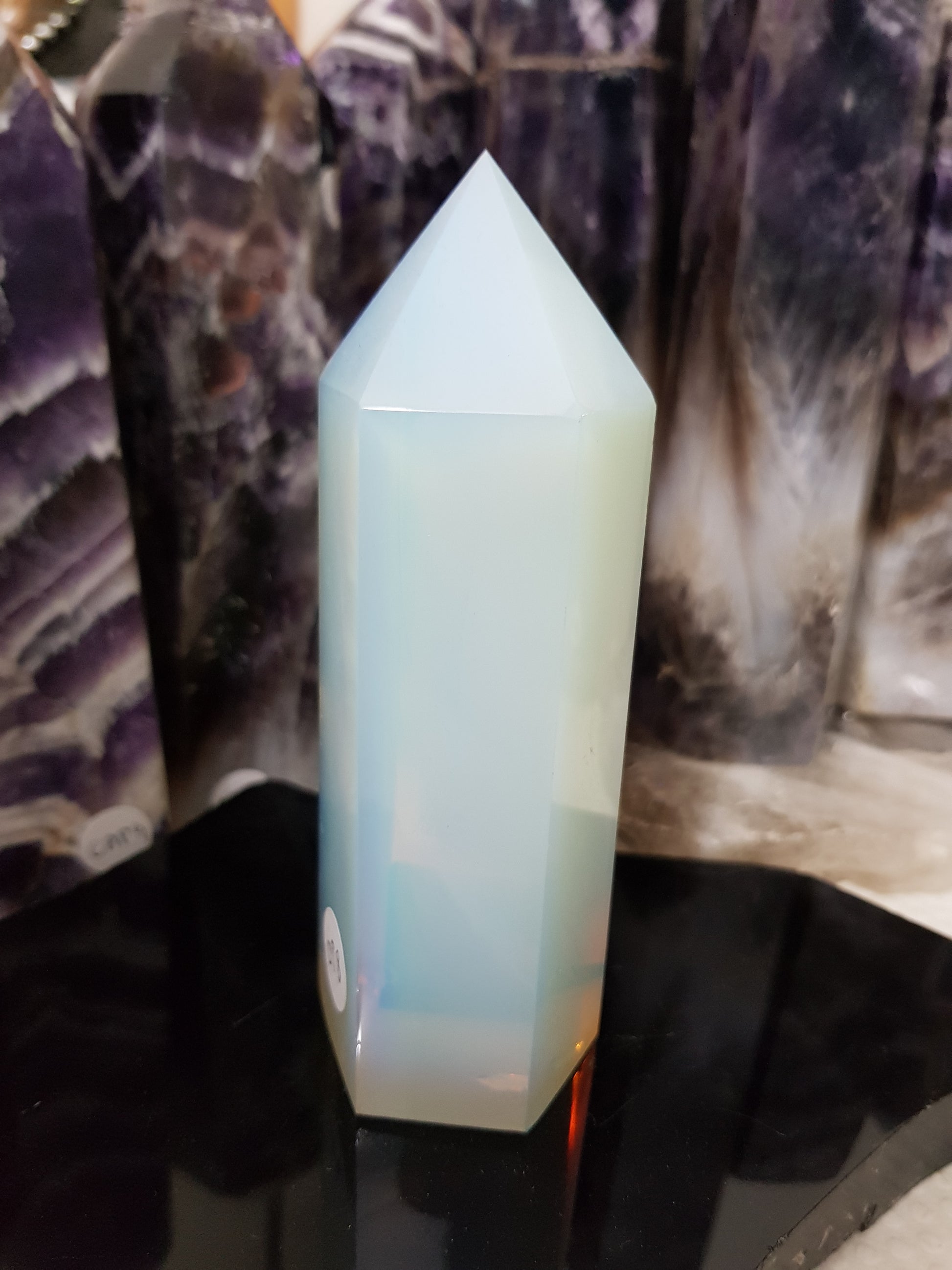Opalite crystal point tower polished milky blue glow 12.5cm