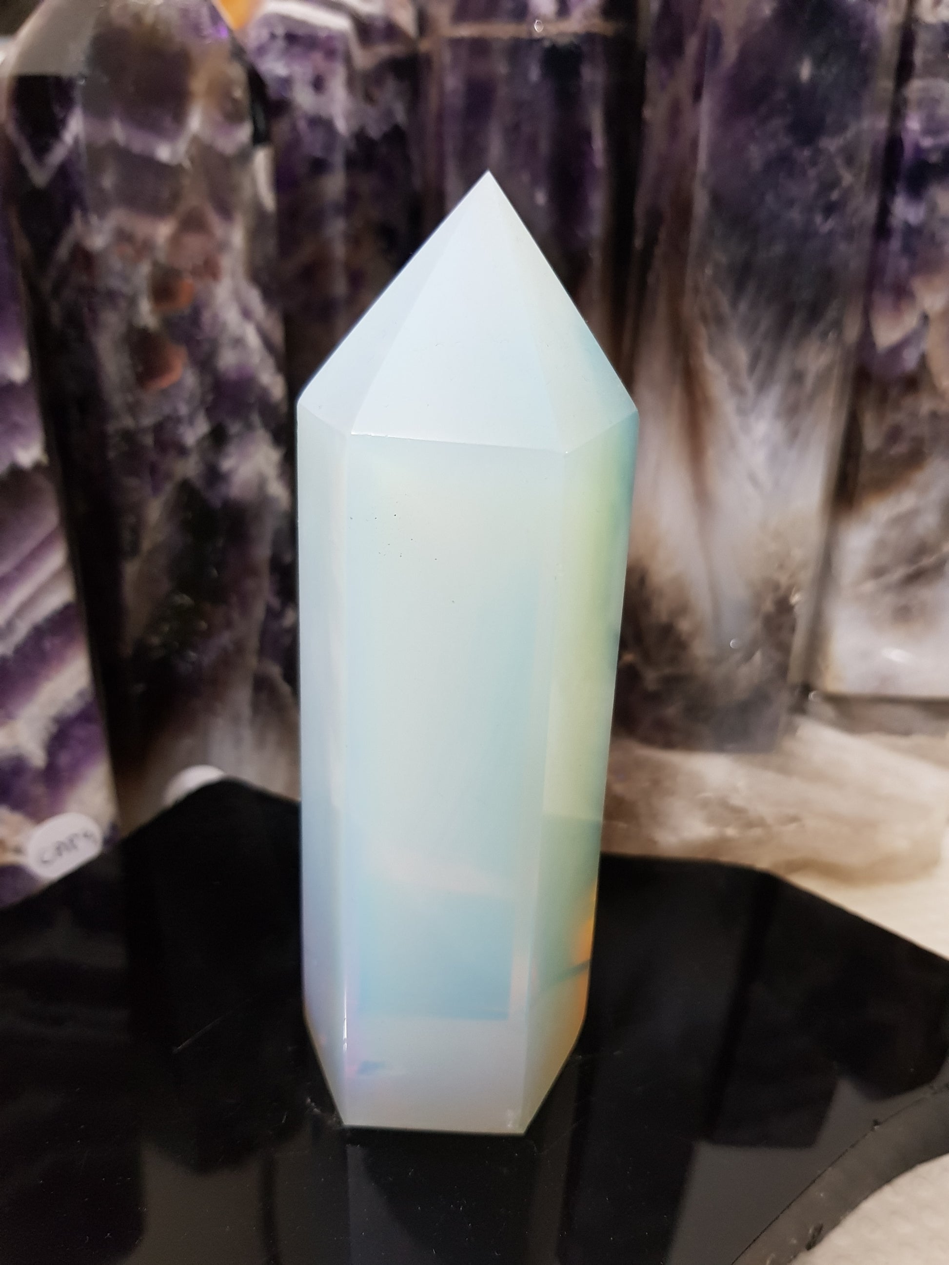 Opalite crystal point tower polished milky blue glow 12.5cm