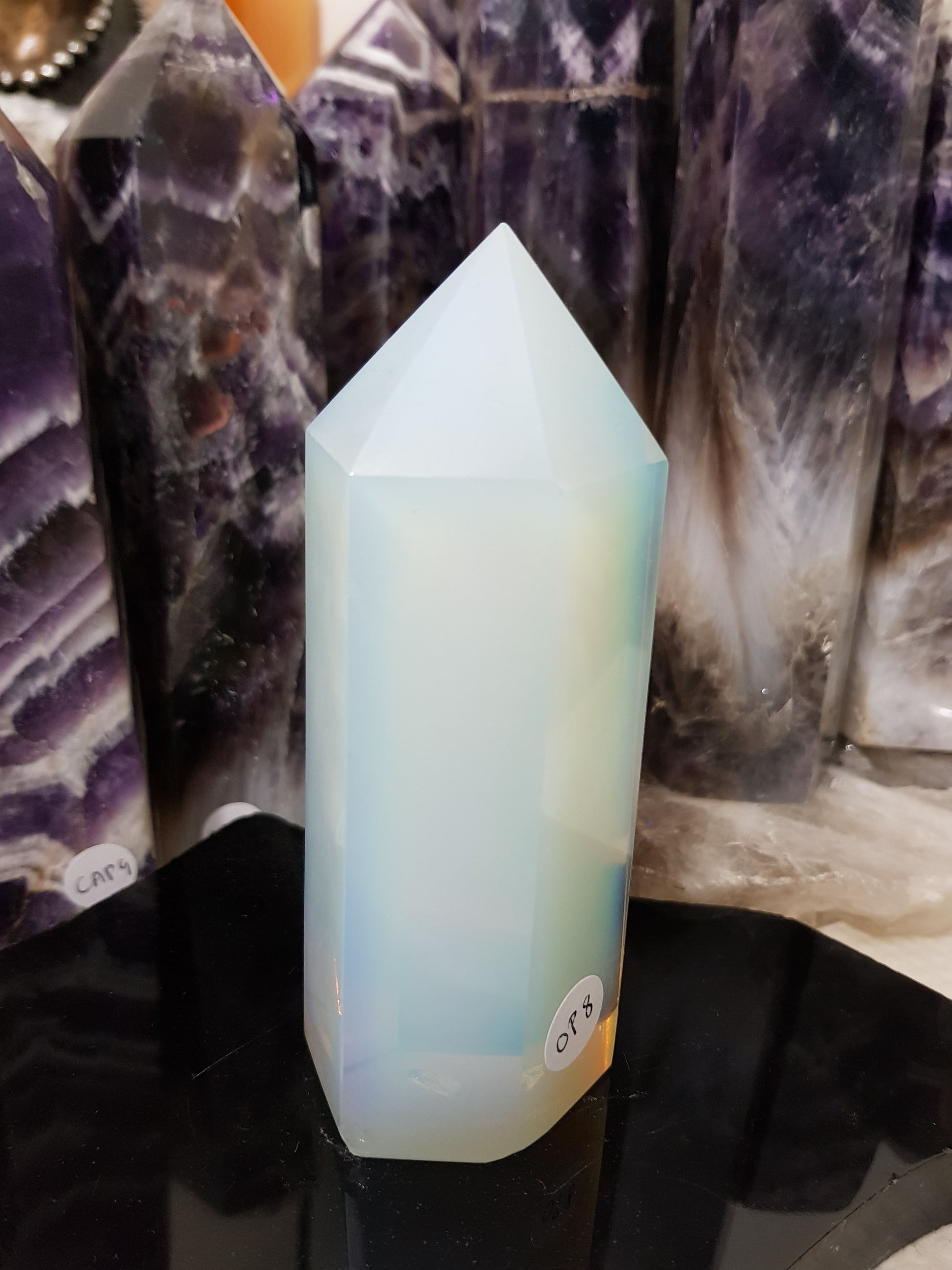Opalite crystal point tower polished milky blue glow 12.5cm