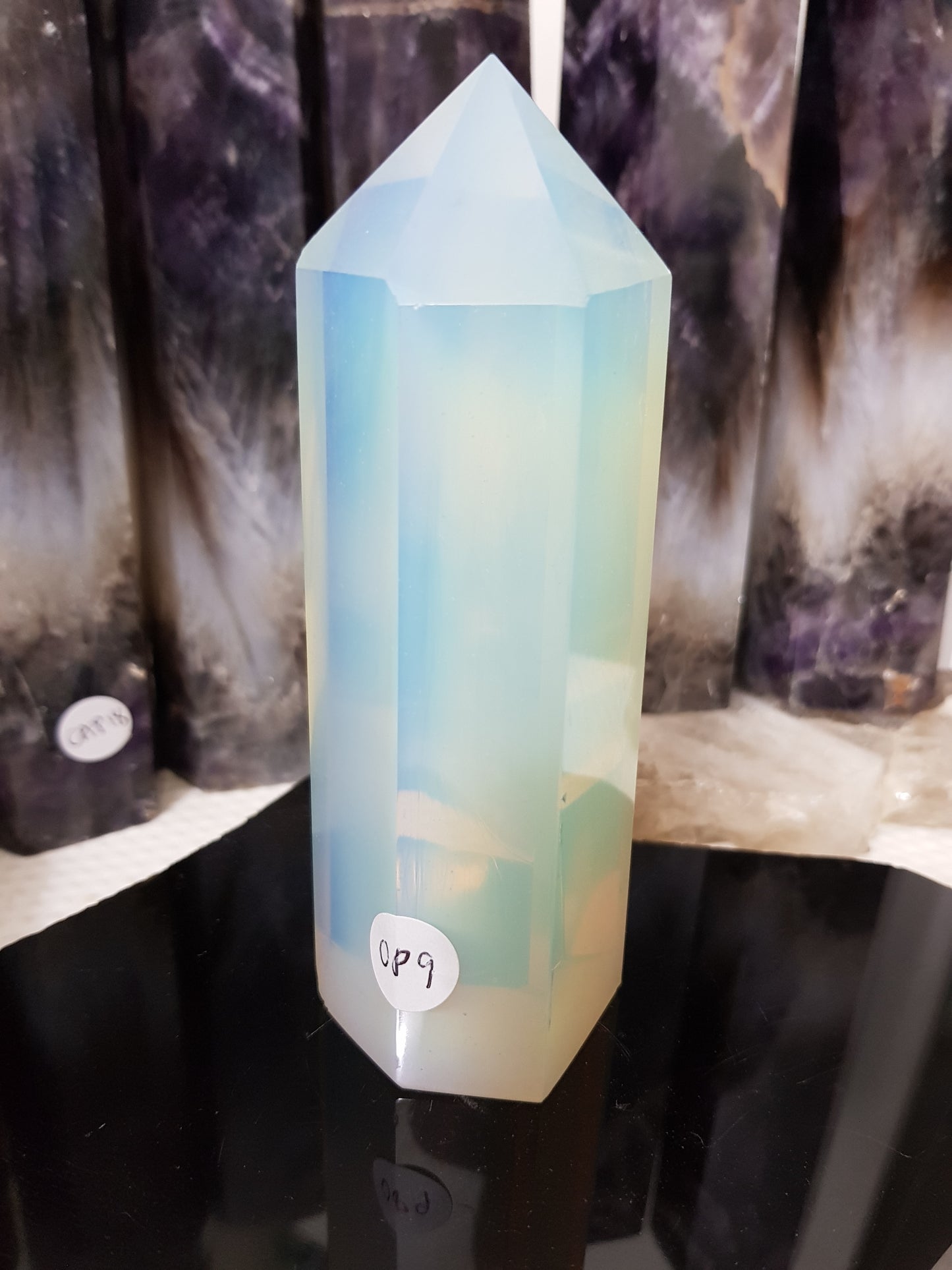 Opalite crystal point tower polished milky blue glow 12.5cm