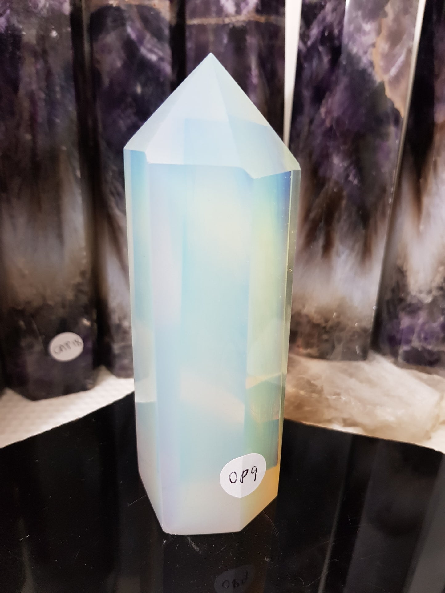 Opalite crystal point tower polished milky blue glow 12.5cm