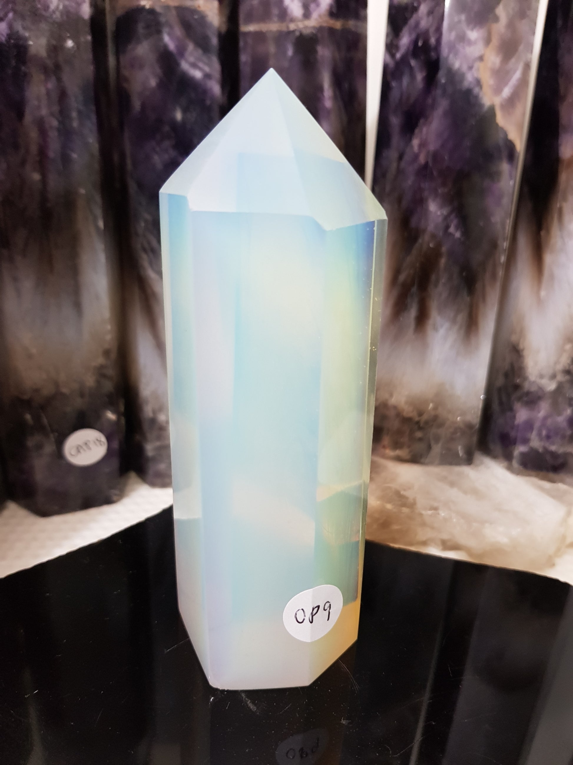 Opalite crystal point tower polished milky blue glow 12.5cm