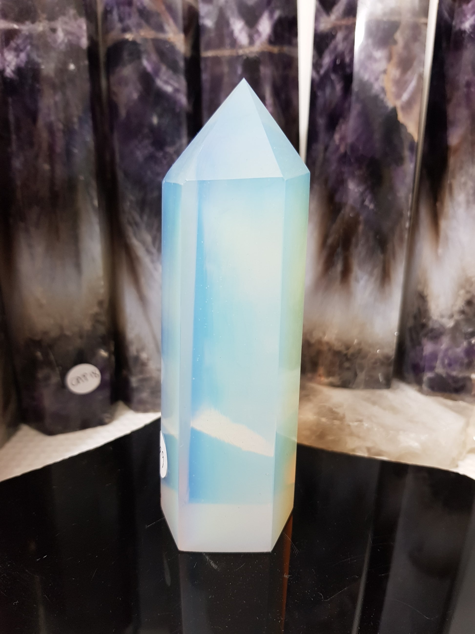 Opalite crystal point tower polished milky blue glow 12.5cm